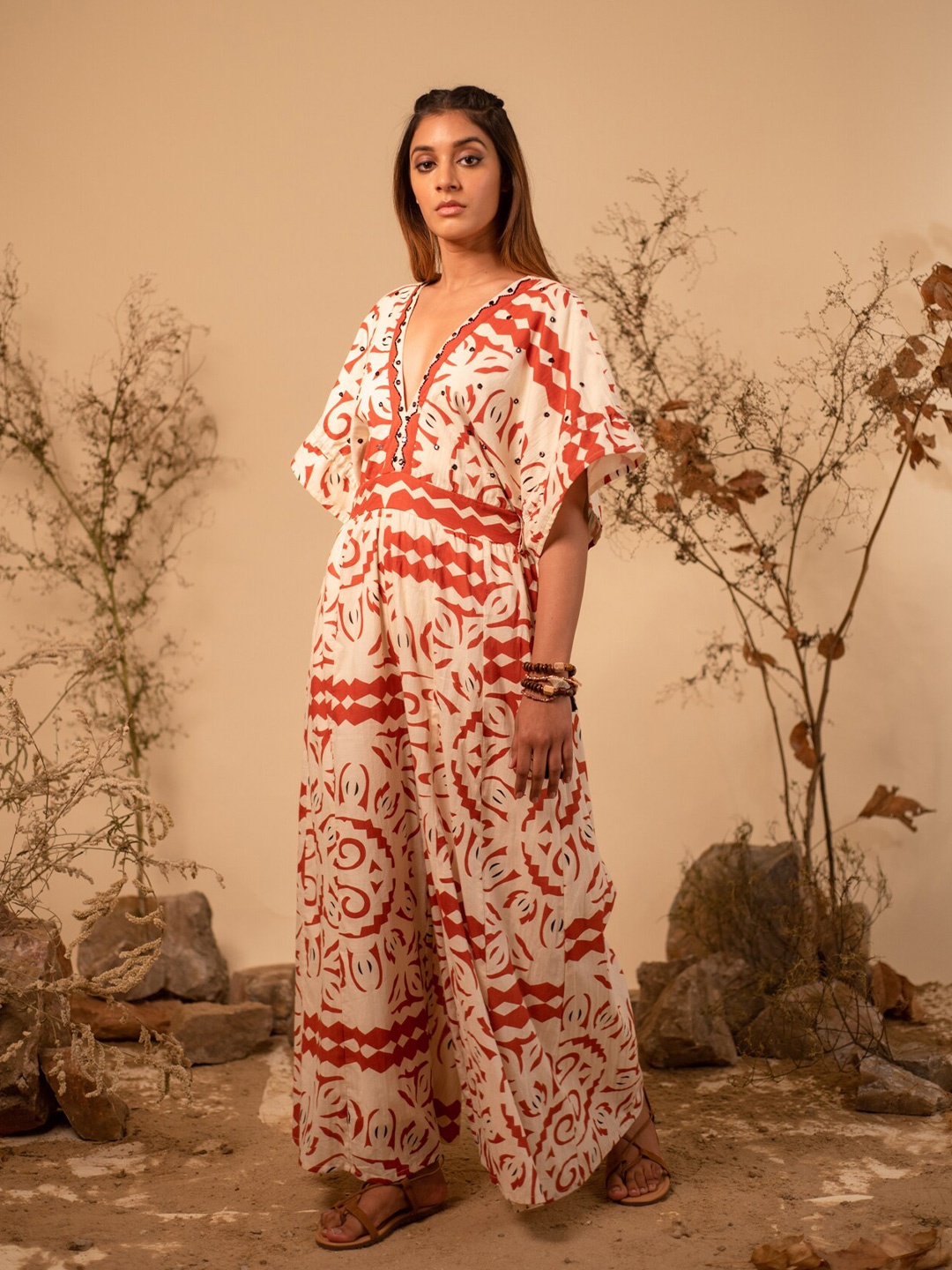 

Label Reyya Printed V-Neck Cotton Culotte Jumpsuit with Embellished, Beige
