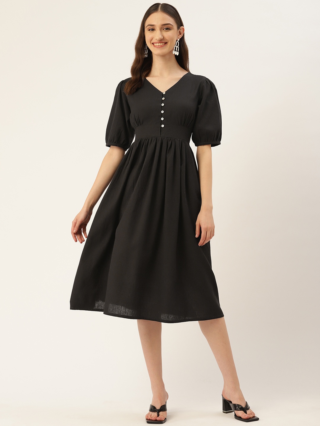 

ZIZO By Namrata Bajaj Puff Sleeve A-Line Midi Dress, Black