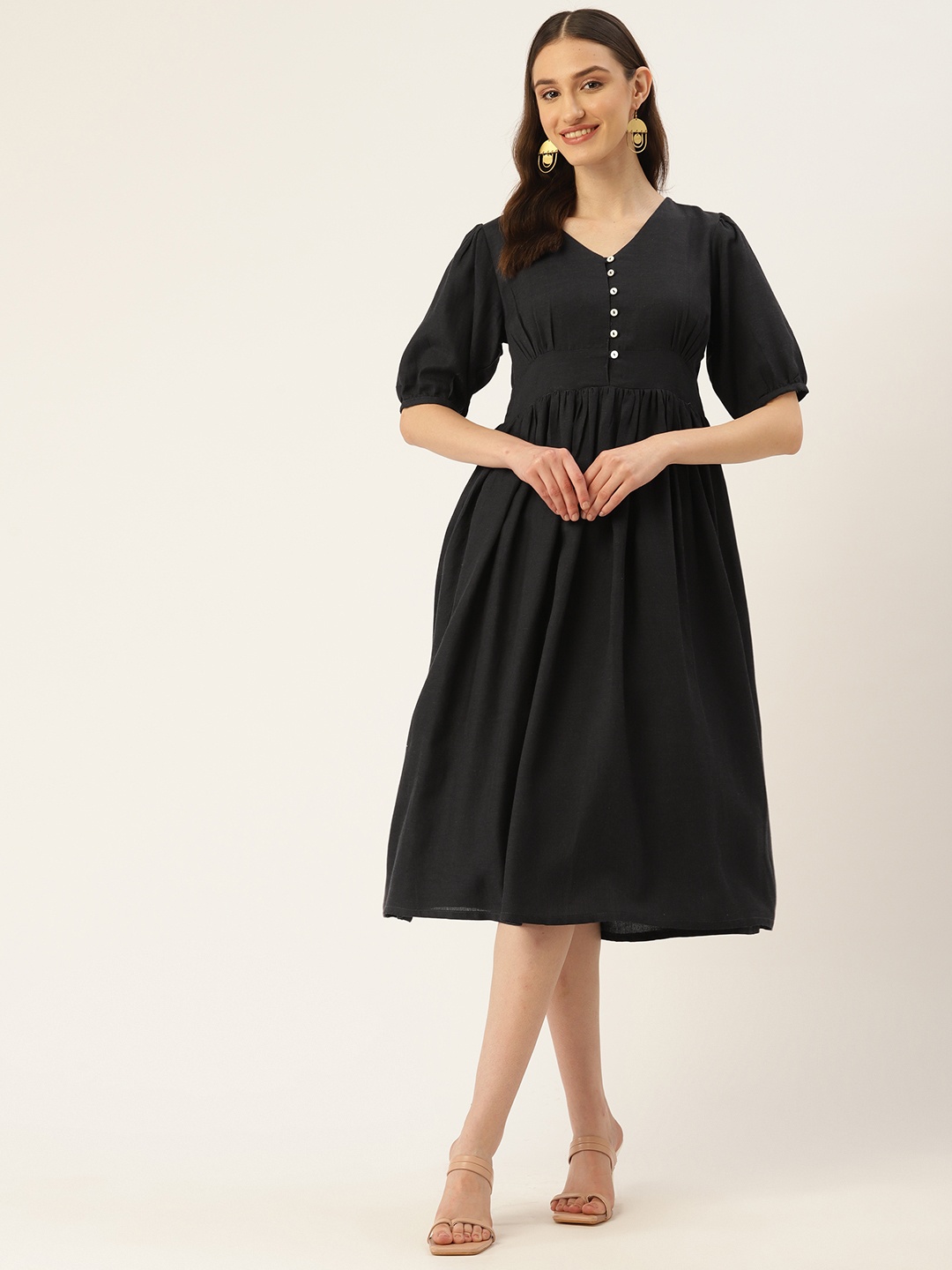

ZIZO By Namrata Bajaj Puff Sleeve A-Line Midi Dress, Charcoal