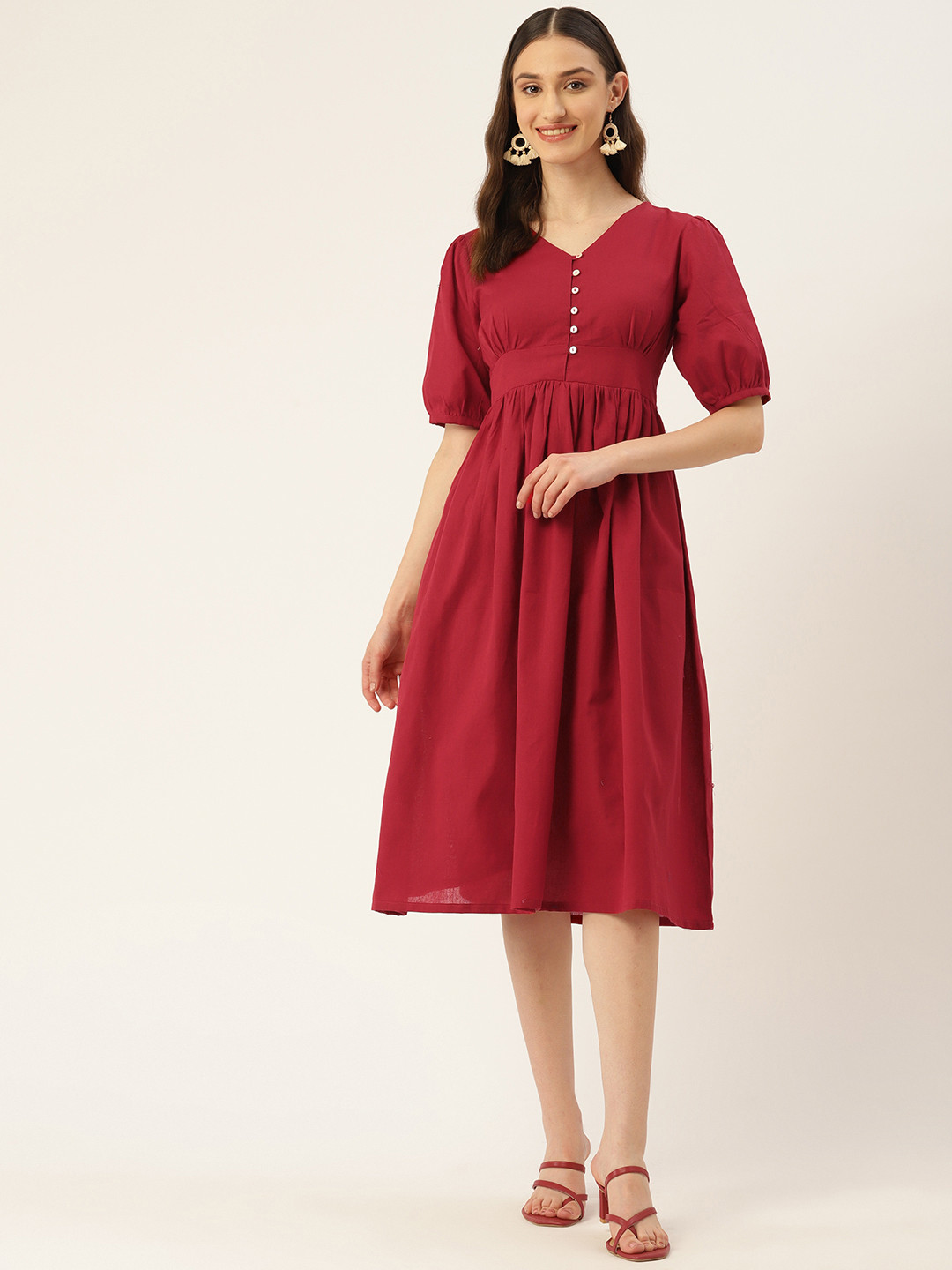 

ZIZO By Namrata Bajaj Puff Sleeve A-Line Midi Dress, Red