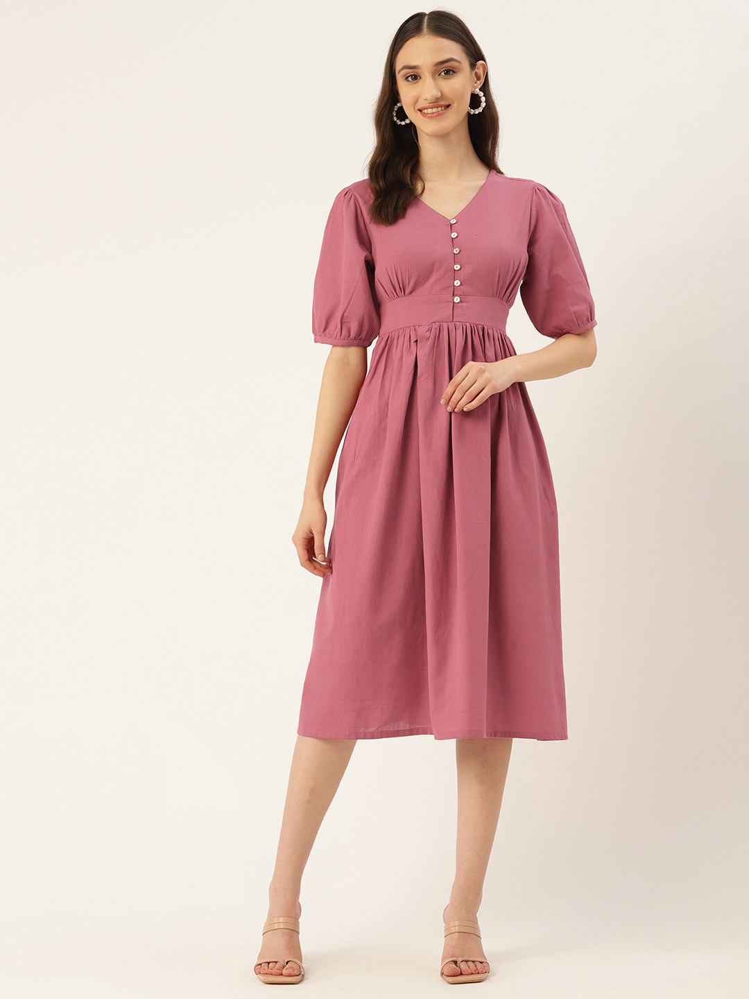 

ZIZO By Namrata Bajaj Puff Sleeve A-Line Midi Dress, Pink