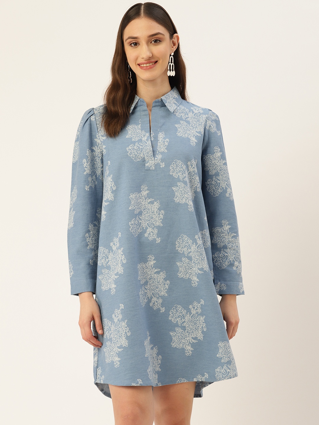 

ZIZO By Namrata Bajaj Floral Print Denim Shirt Mini Dress, Blue