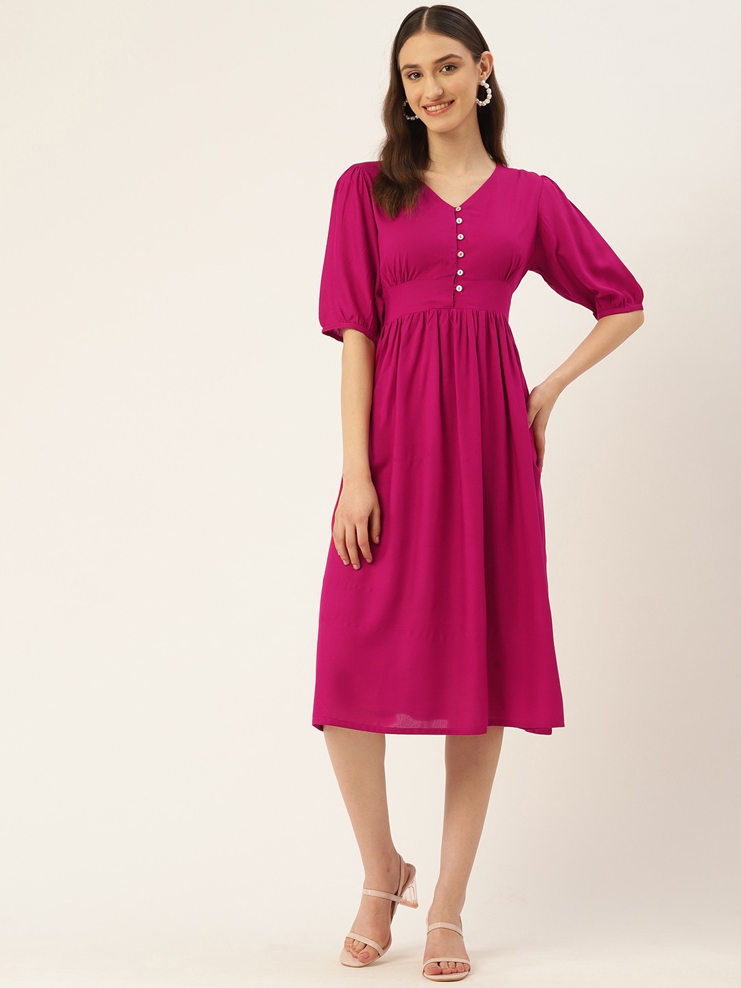 

ZIZO By Namrata Bajaj Puff Sleeve A-Line Midi Dress, Fuchsia