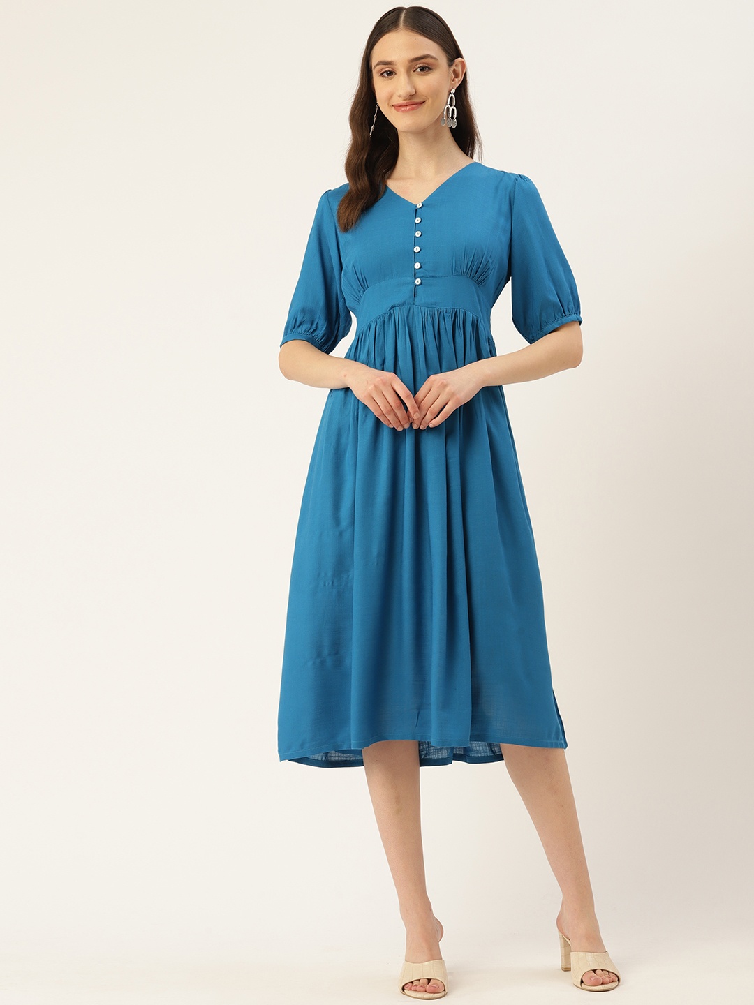 

ZIZO By Namrata Bajaj Puff Sleeve Liva A-Line Midi Dress, Blue
