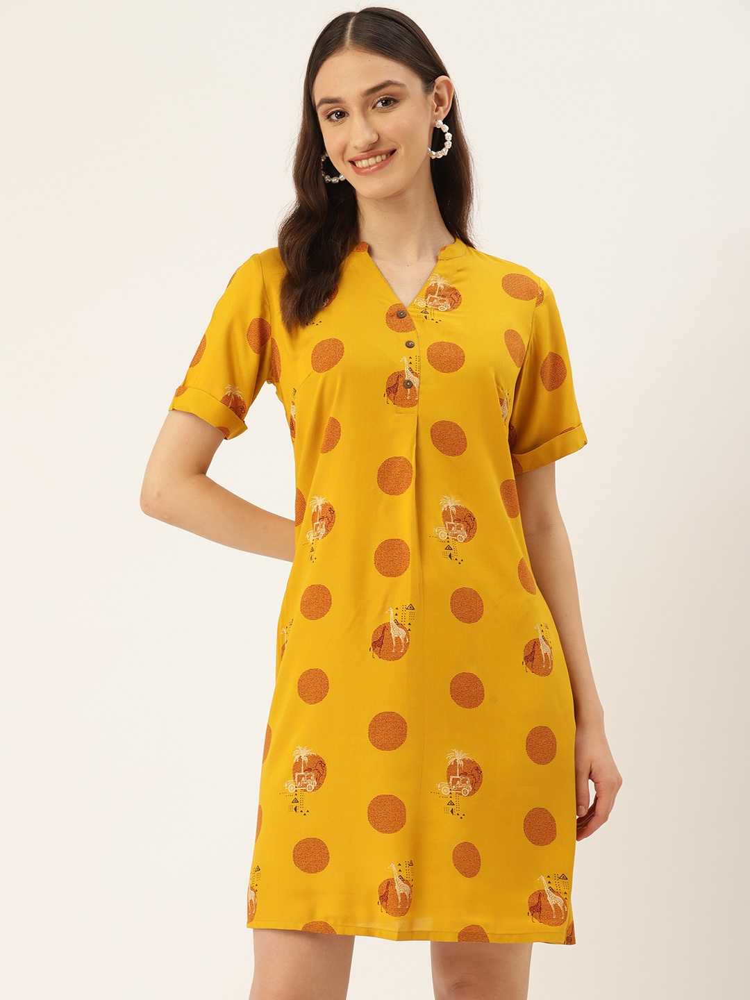 

ZIZO By Namrata Bajaj Mustard Print A-Line Midi Dress