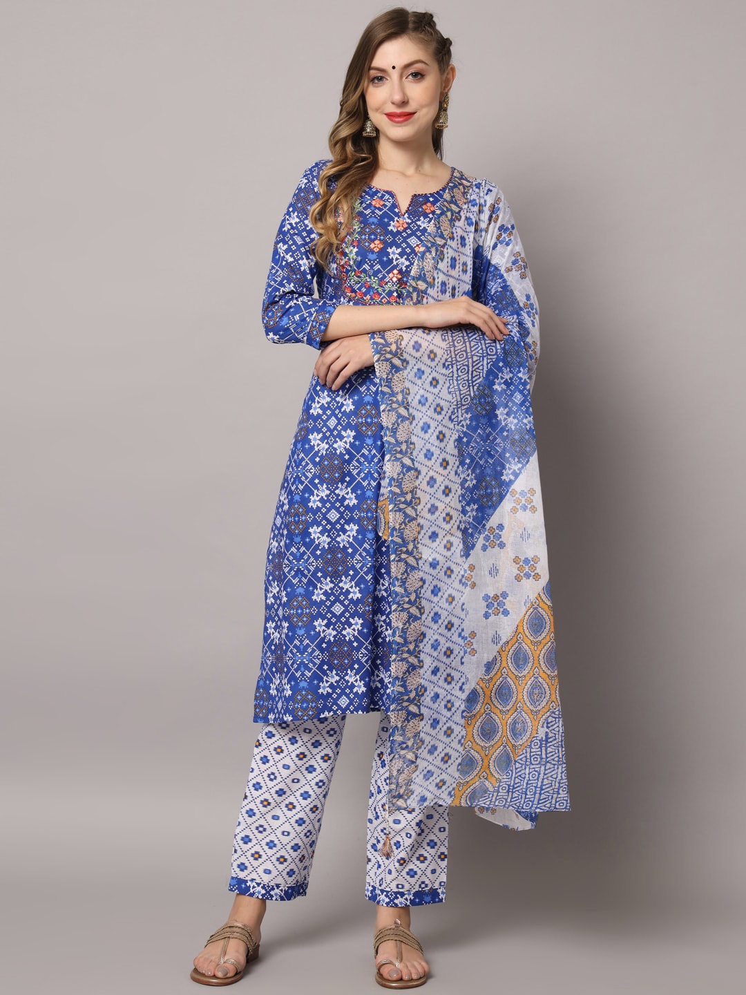 

ZRI Ethnic Motifs Printed Thread Work Pure Cotton Kurta with Trousers & Dupatta, Blue
