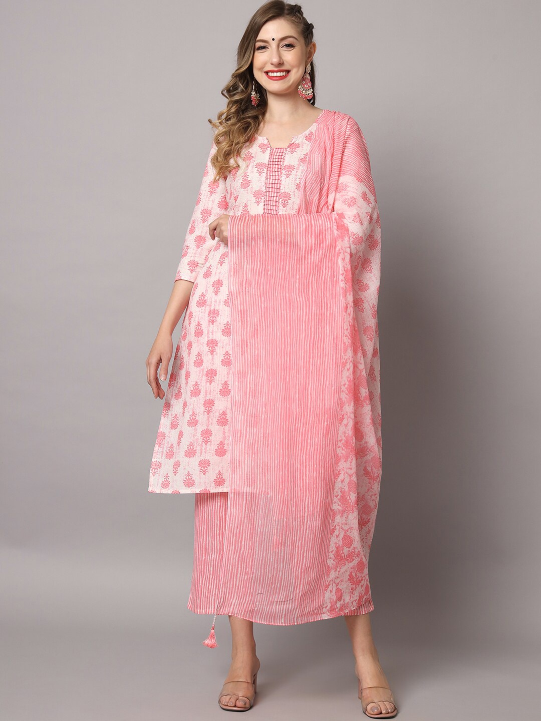 

ZRI Ethnic Motifs Printed Pure Cotton Kurta with Trousers & Dupatta, Pink