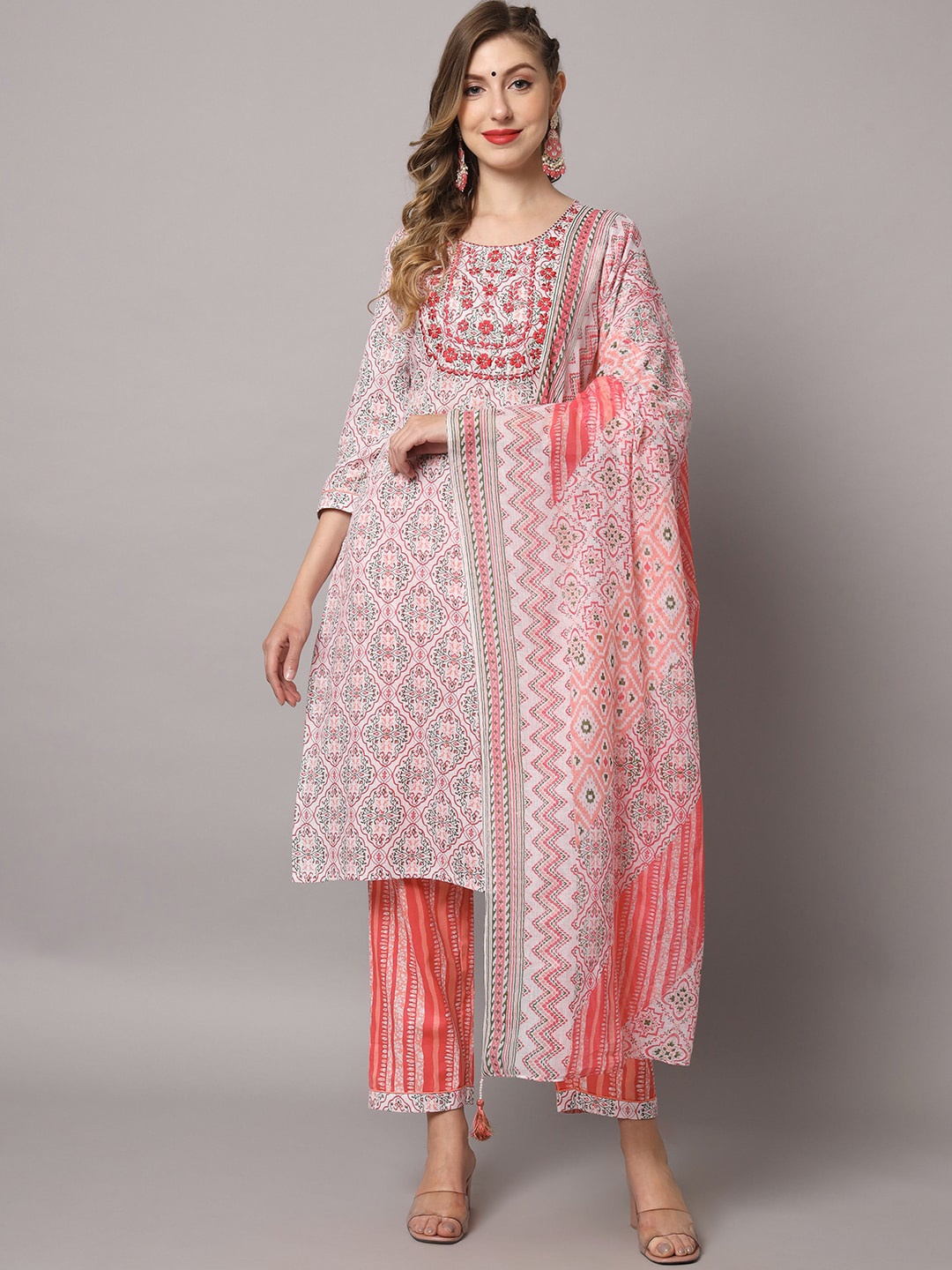 

ZRI Floral Printed Thread Work Pure Cotton Kurta with Trousers & Dupatta, White