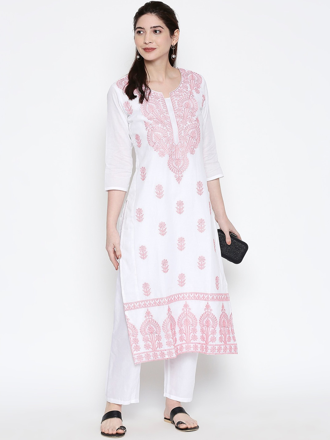 

ZRI Floral Embroidered Straight Pure Cotton Kurta with Trousers, White