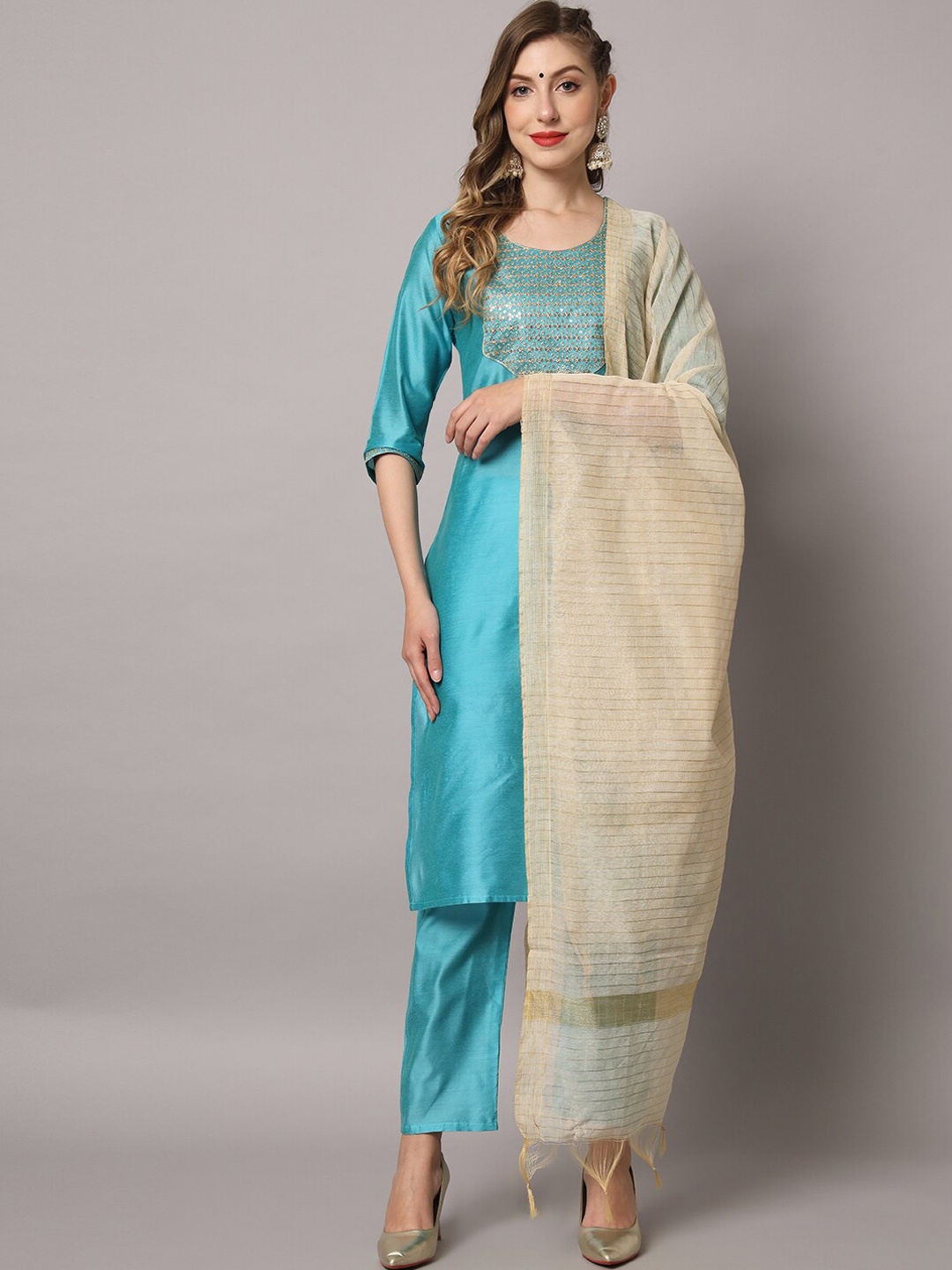 

ZRI Yoke Design Sequinned Kurta with Trousers & Dupatta, Turquoise blue