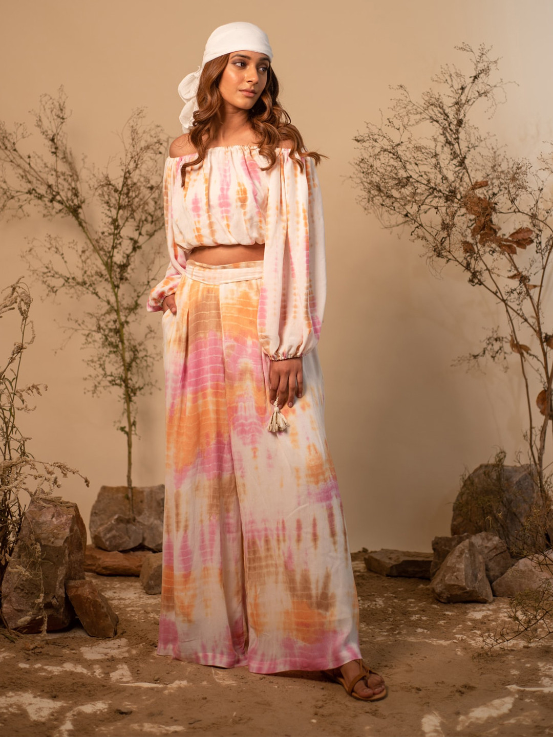 

Label Reyya Tie & Dye Dyed Top & Palazzos, Off white