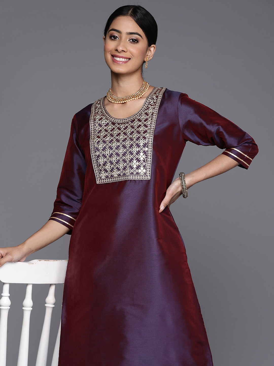 

Libas Yoke Design Mirror Work Silk Blend Kurta, Purple