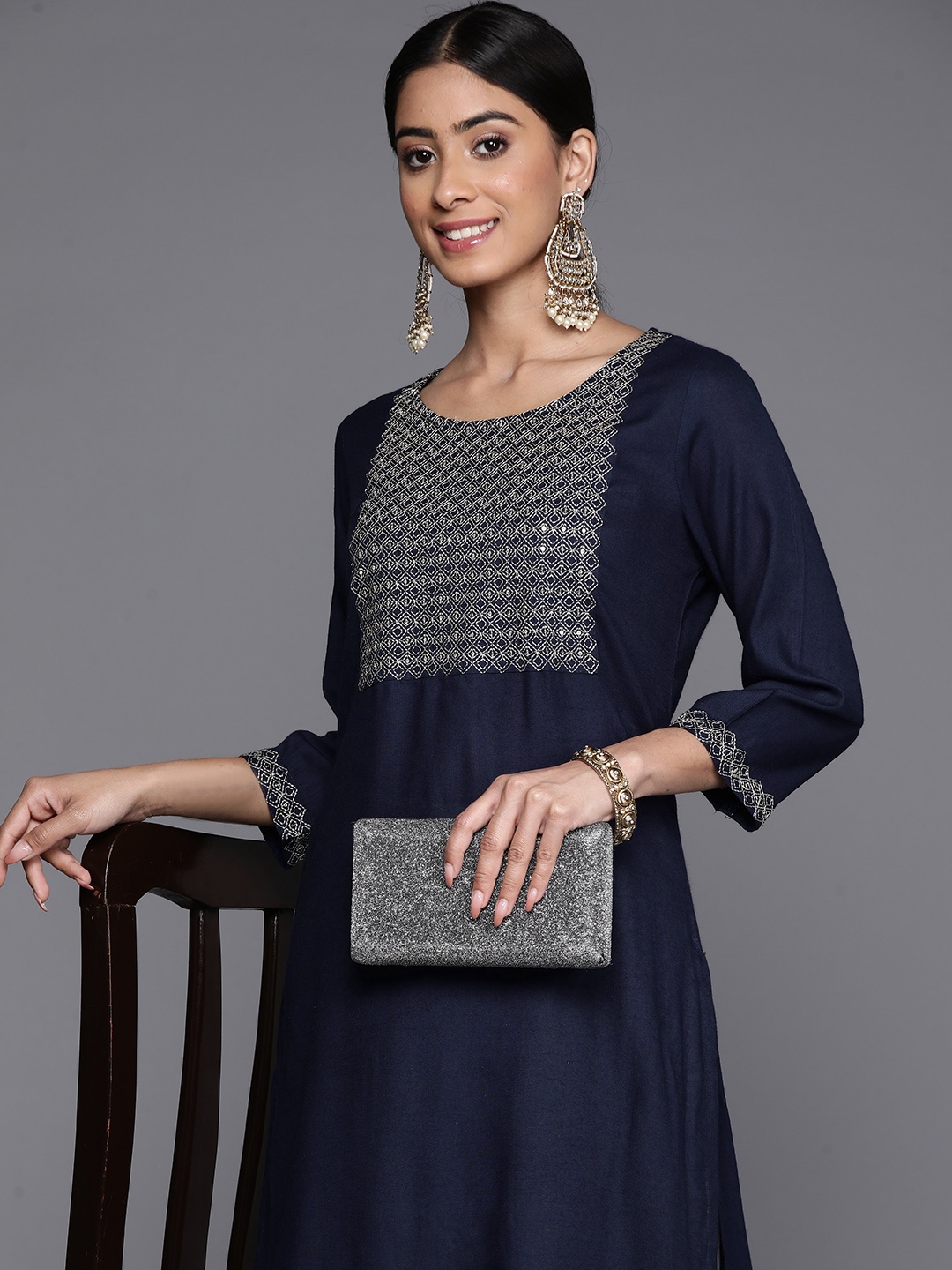 

Libas Yoke Design Sequinned Kurta, Navy blue