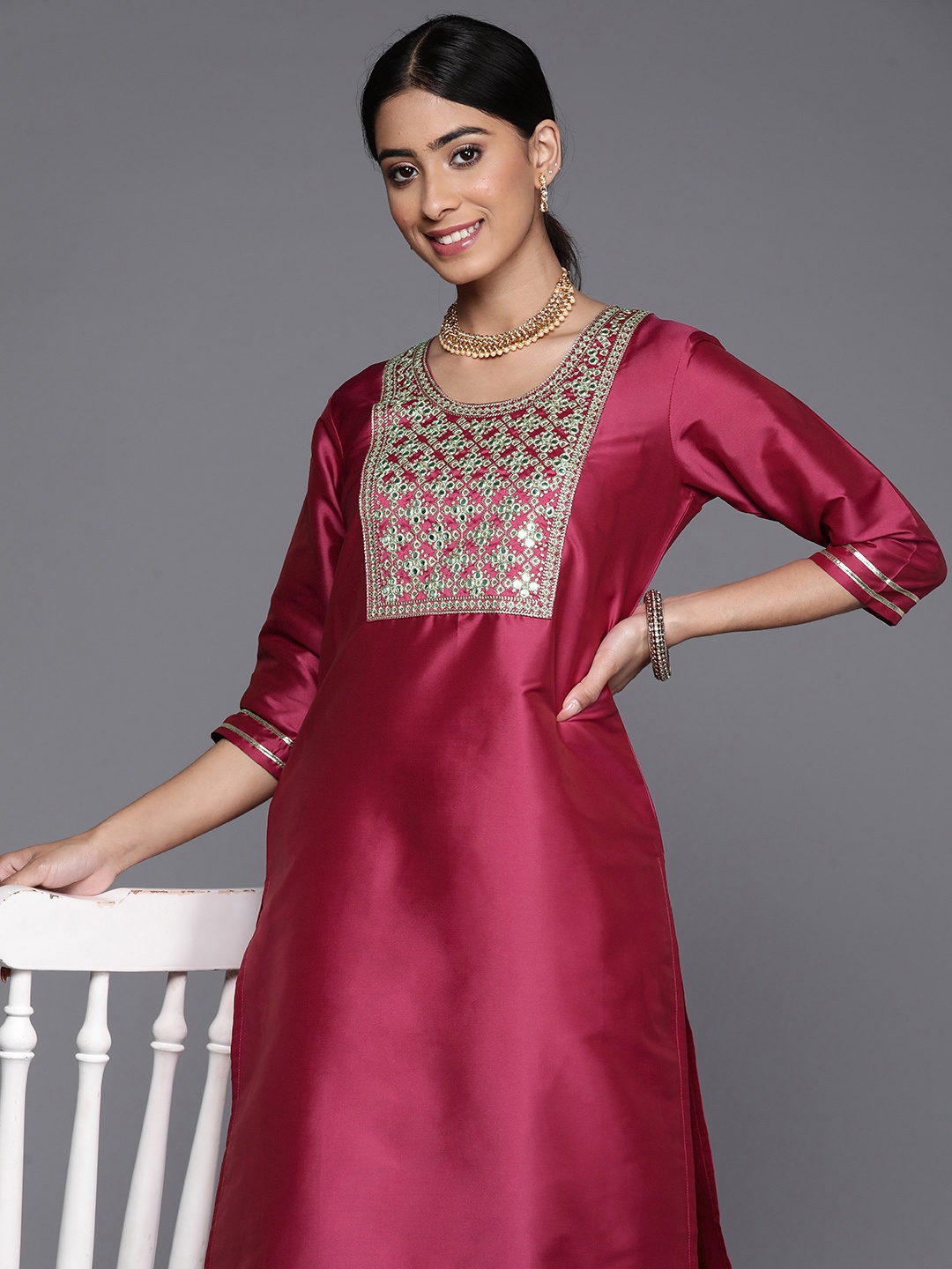 

Libas Yoke Design Mirror Work Kurta, Pink