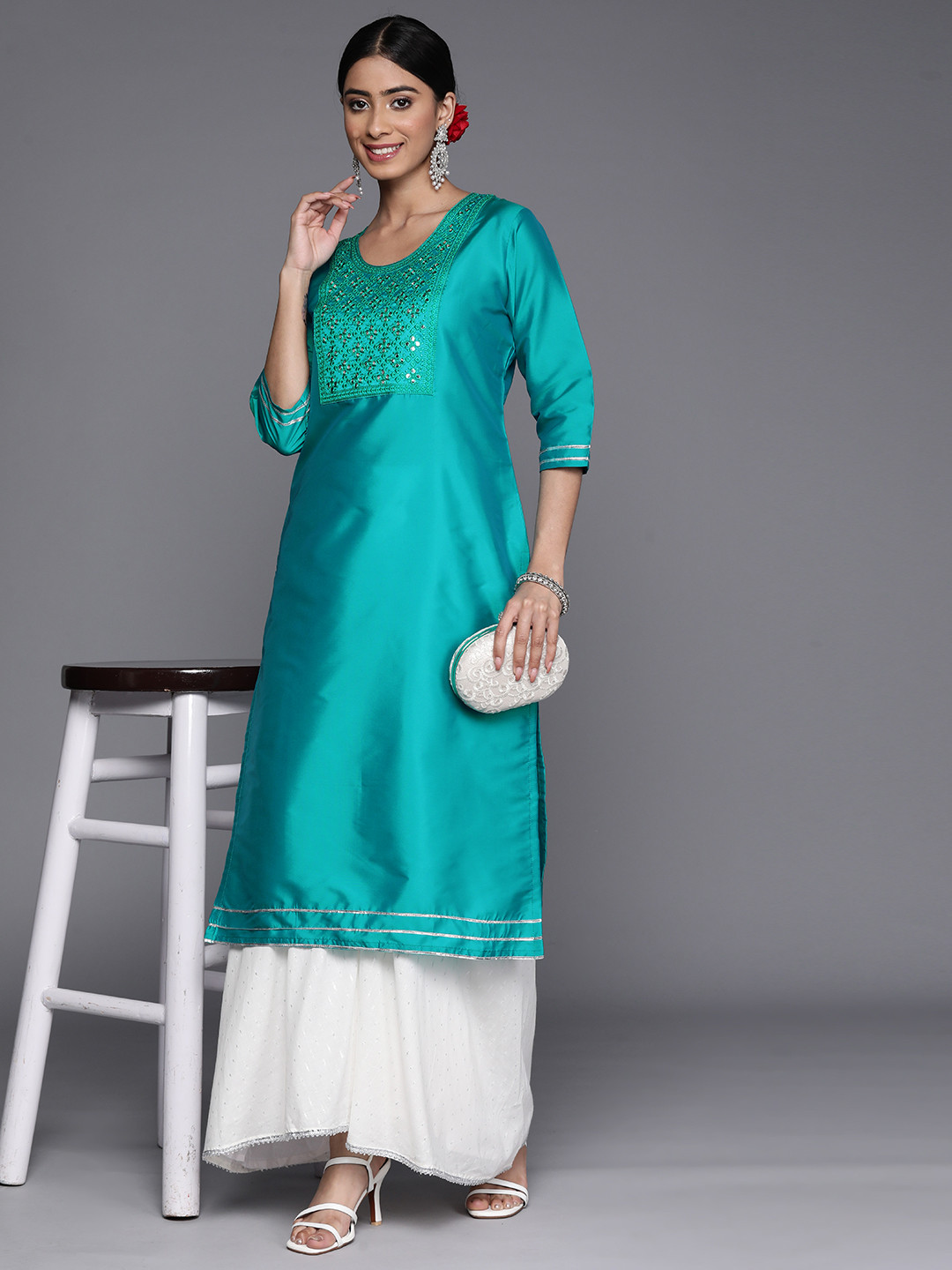 

Libas Yoke Design Mirror Work Kurta, Turquoise blue