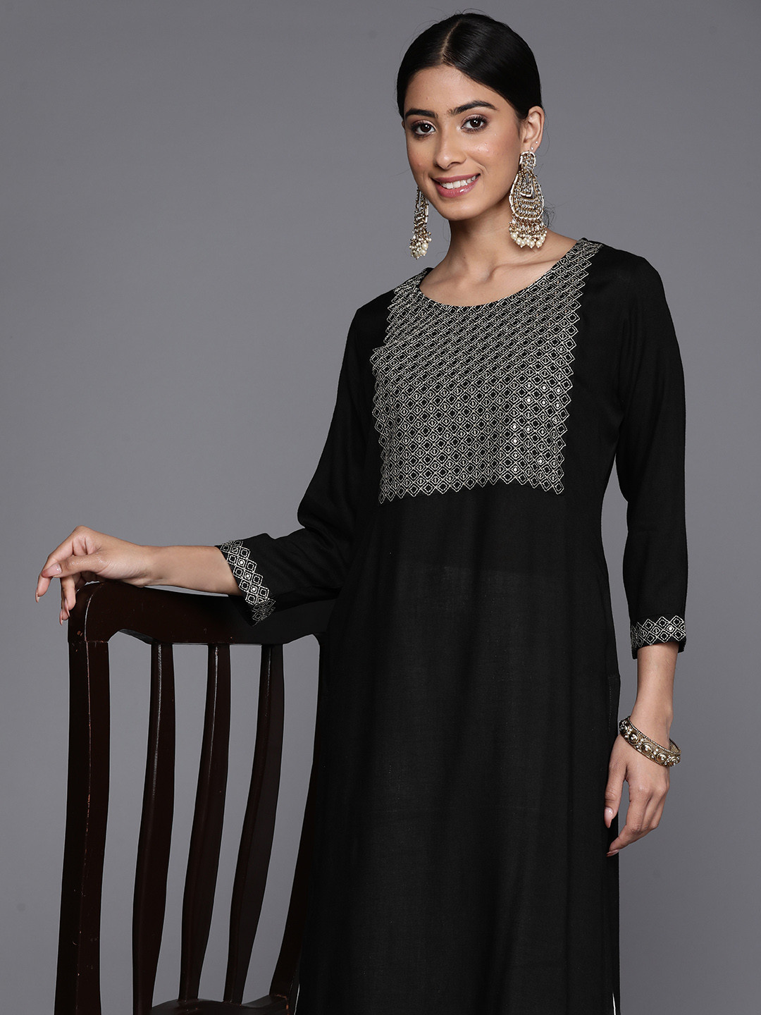 

Libas Yoke Design Sequinned Kurta, Black