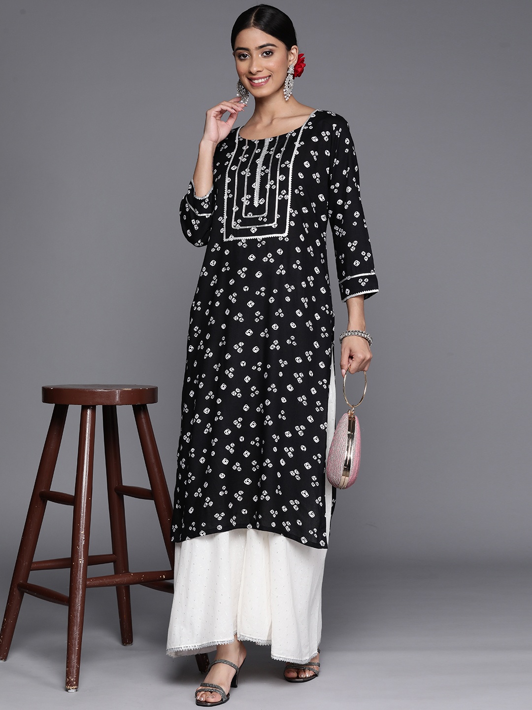 

Libas Bandhani Yoke Design Gotta Patti Kurta, Black