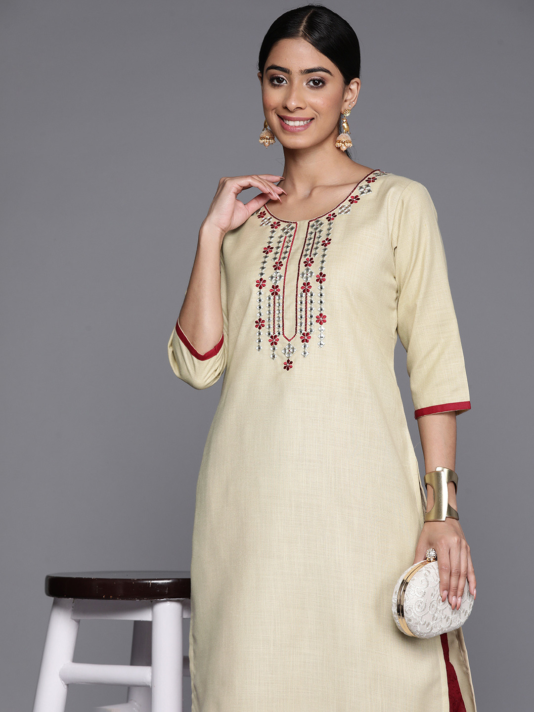 

Libas Floral Yoke Design Mirror Work Kurta, Beige