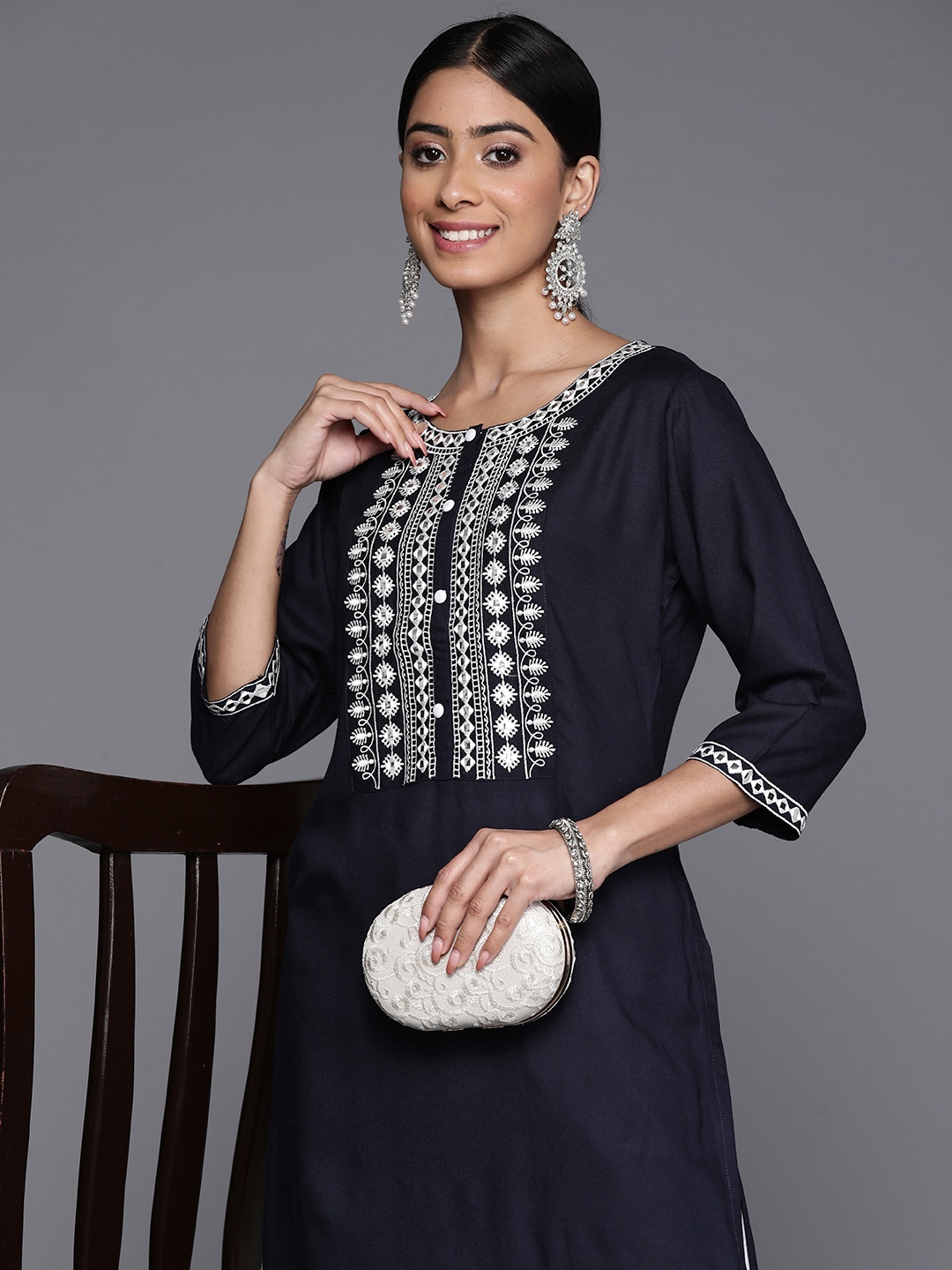 

Libas Floral Yoke Design Mirror Work Straight Kurta, Navy blue