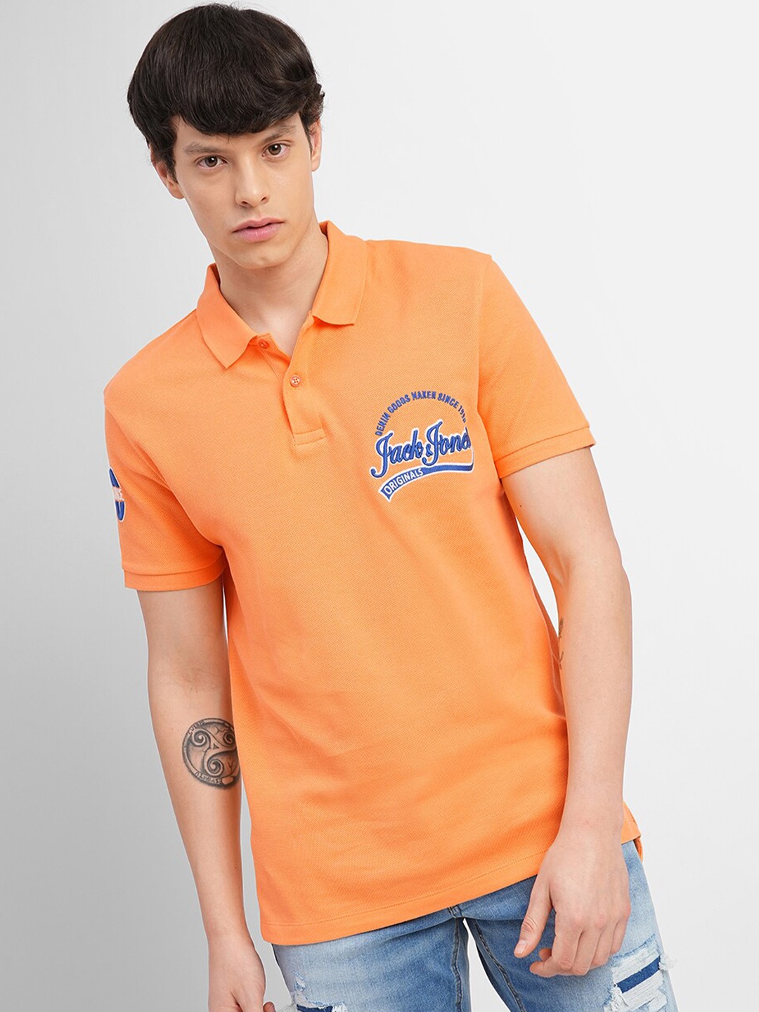 

Jack & Jones Typography Printed Polo Collar Slim Fit Cotton T-shirt, Orange