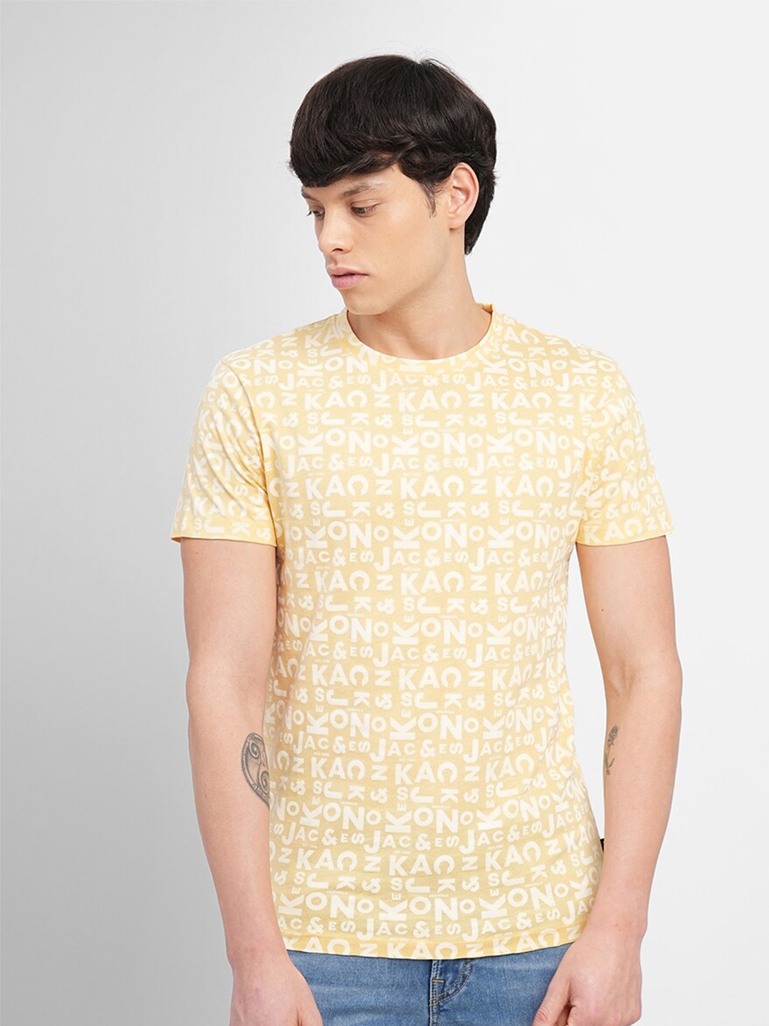 

Jack & Jones Typography Printed Slim Fit Cotton T-shirt, Yellow