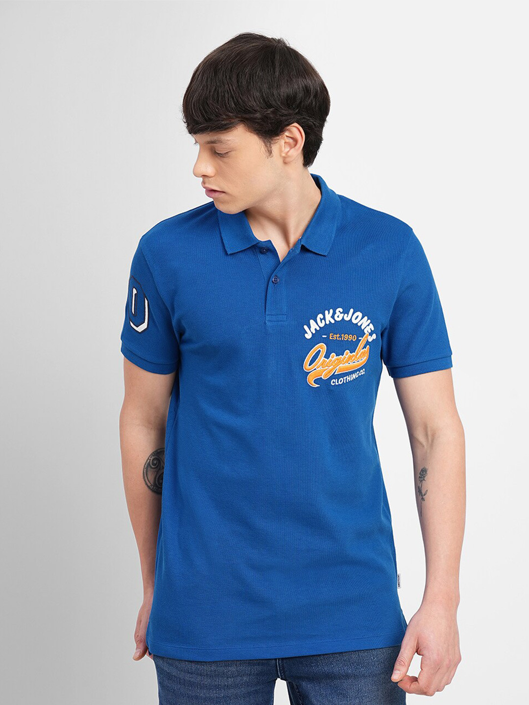 

Jack & Jones Typography Printed Polo Collar Slim Fit Cotton T-shirt, Blue