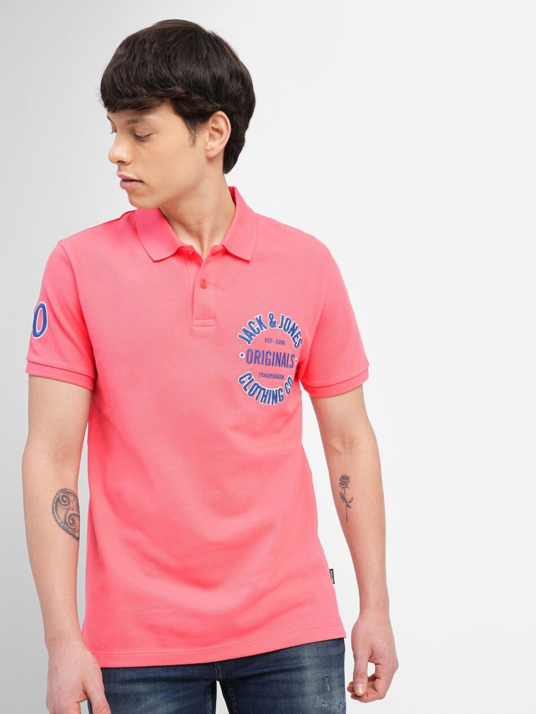 

Jack & Jones Typography Printed Polo Collar Slim Fit Cotton T-shirt, Pink