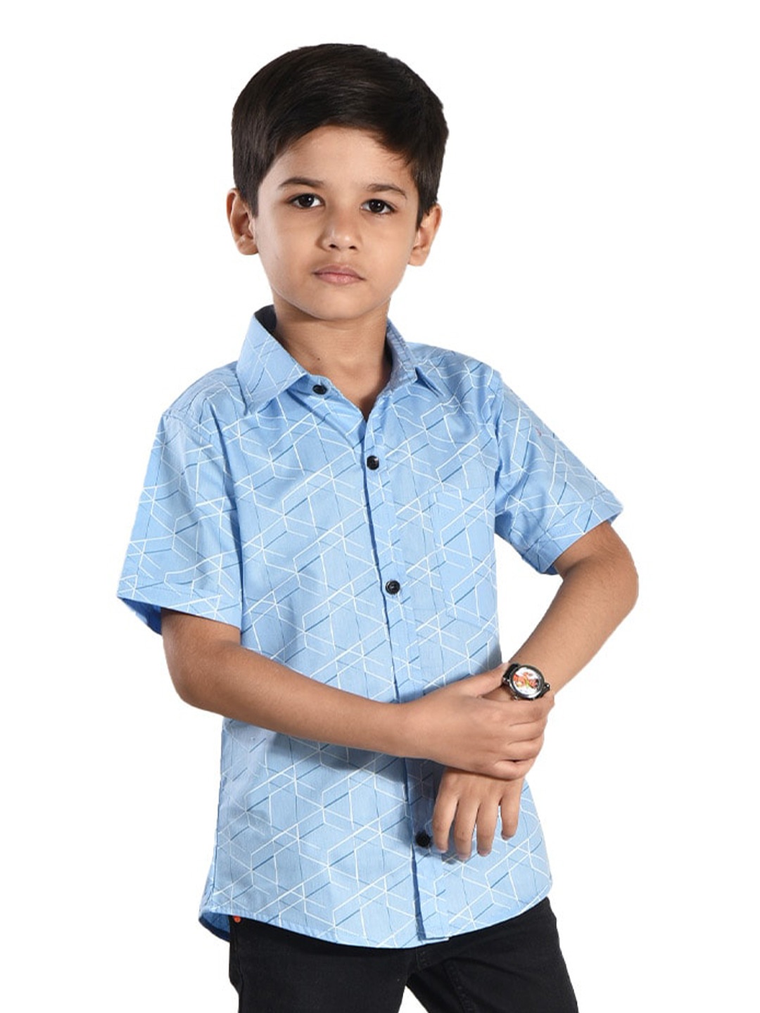 

POMY & JINNY Boys Geometric Printed Cotton Casual Shirt, Turquoise blue
