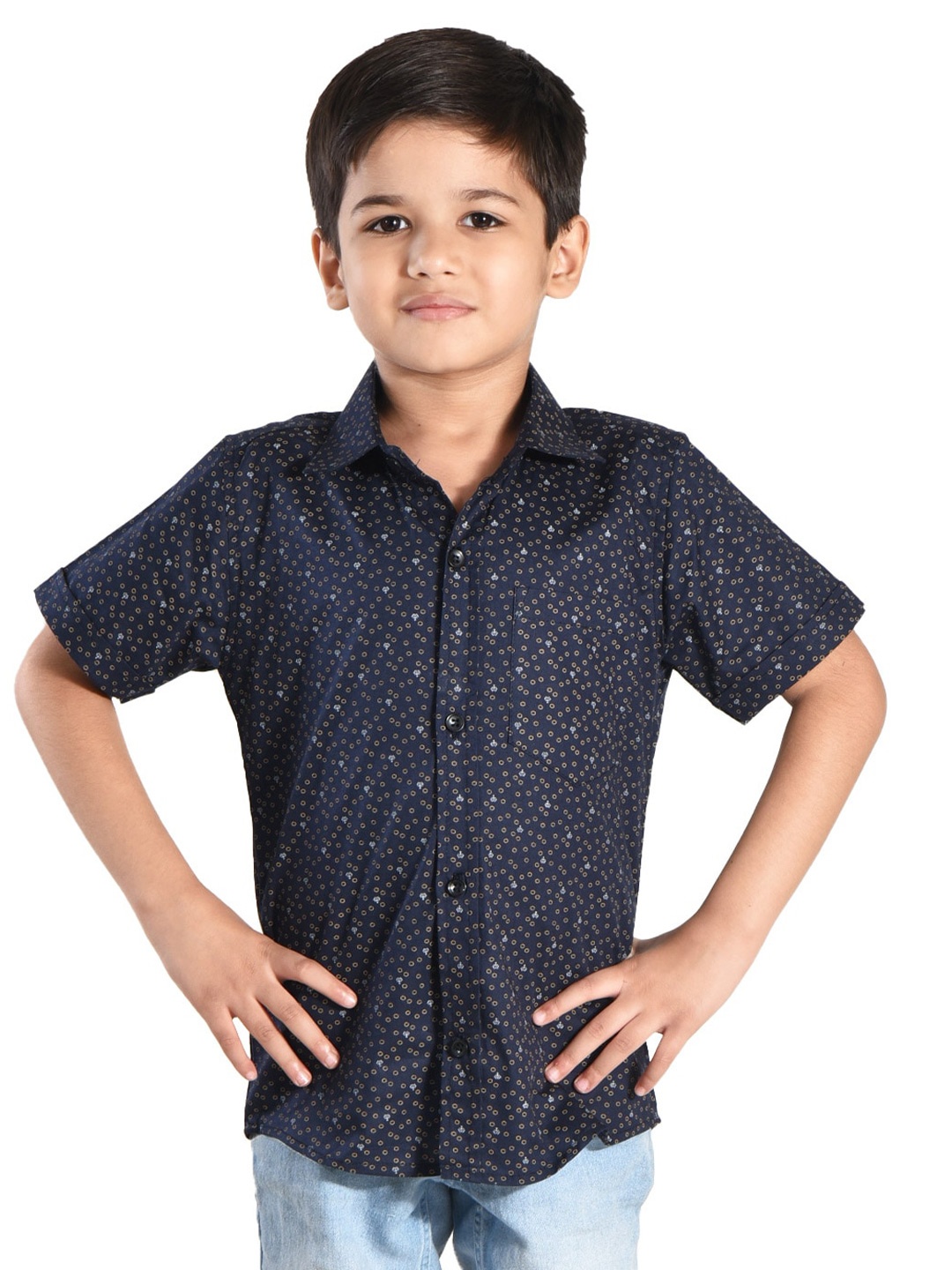 

POMY & JINNY Boys Micro Ditsy Printed Cotton Casual Shirt, Navy blue