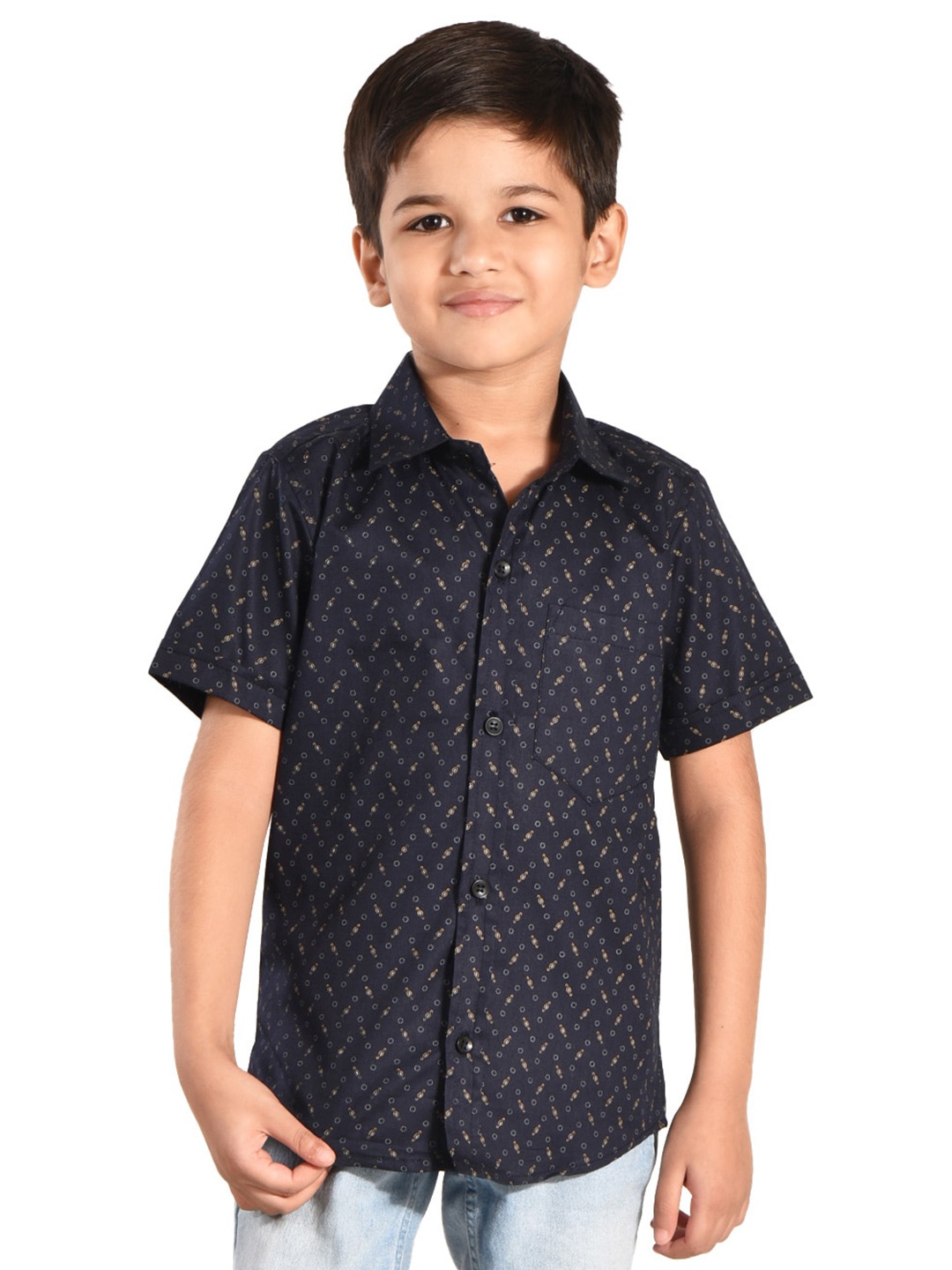 

POMY & JINNY Boys Micro Ditsy Printed Cotton Casual Shirt, Navy blue