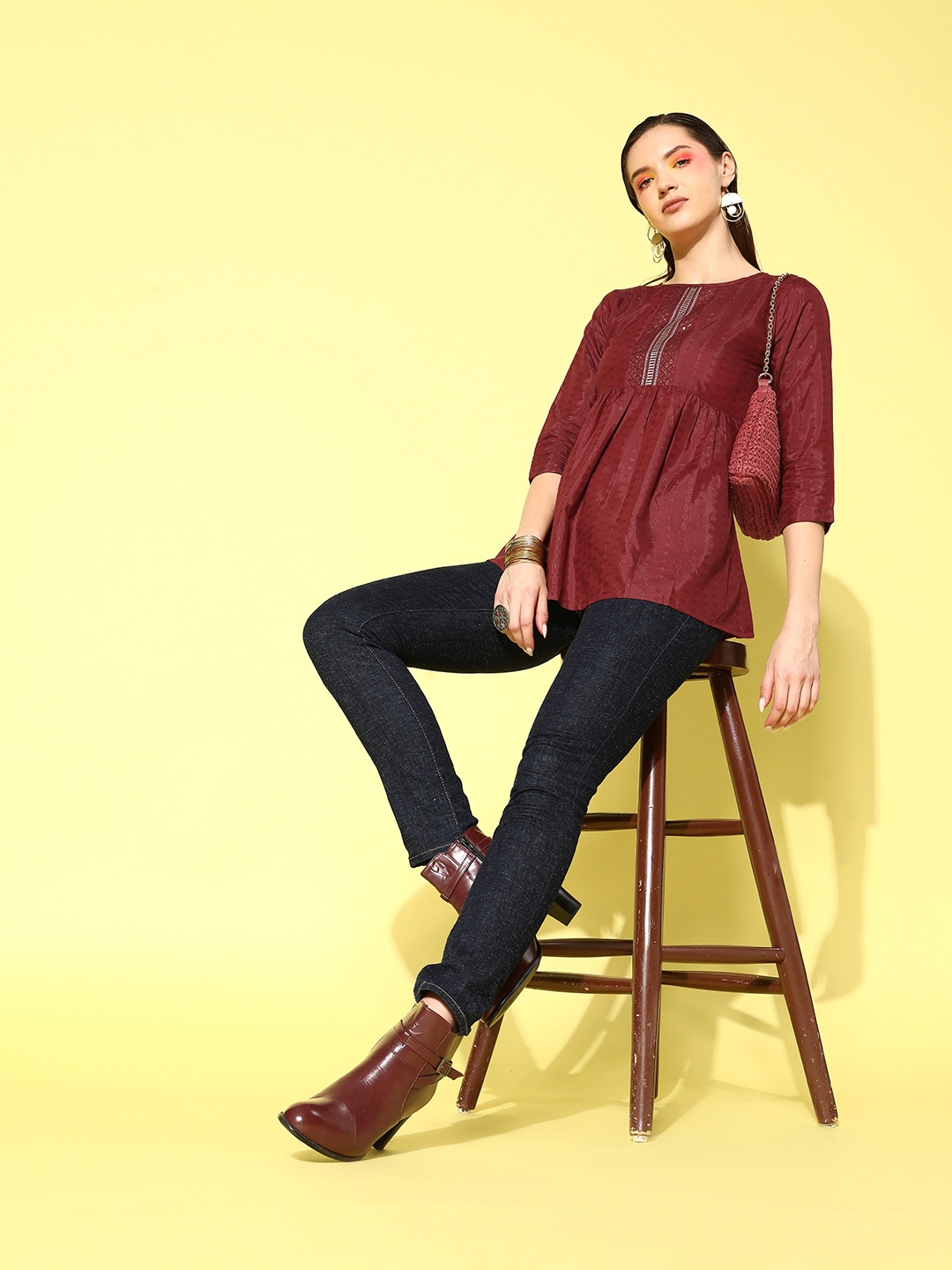 

Sangria Embroidered Peplum Top, Maroon
