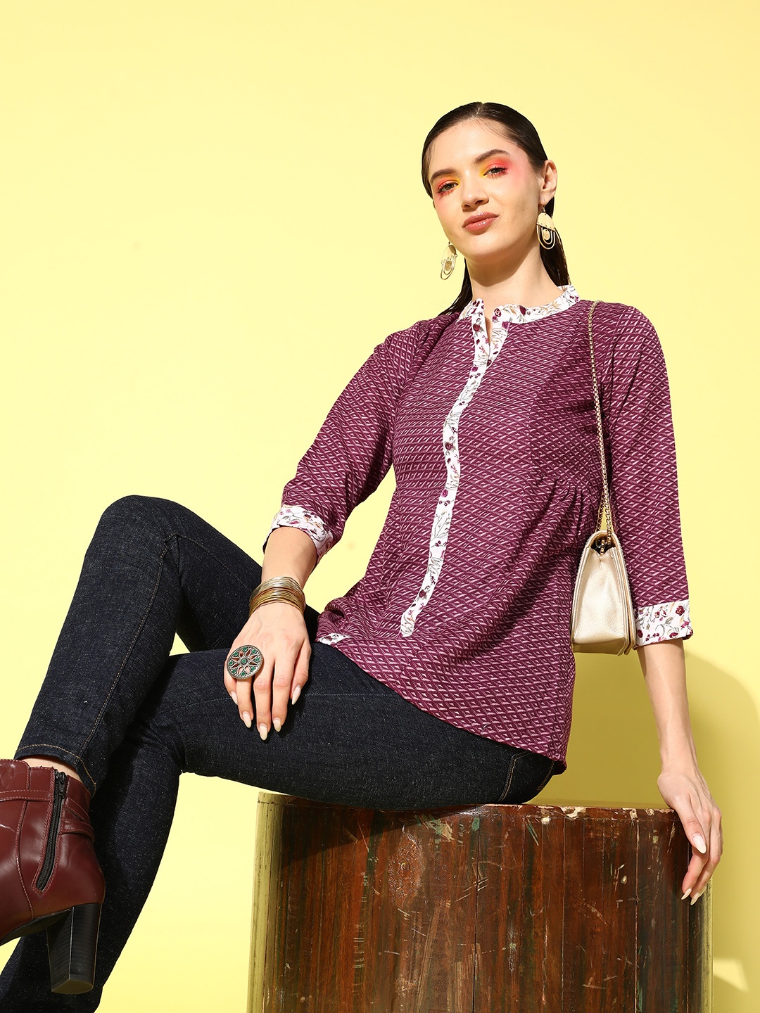 

Sangria Geometric Print Mandarin Collar Shirt Style Top, Purple
