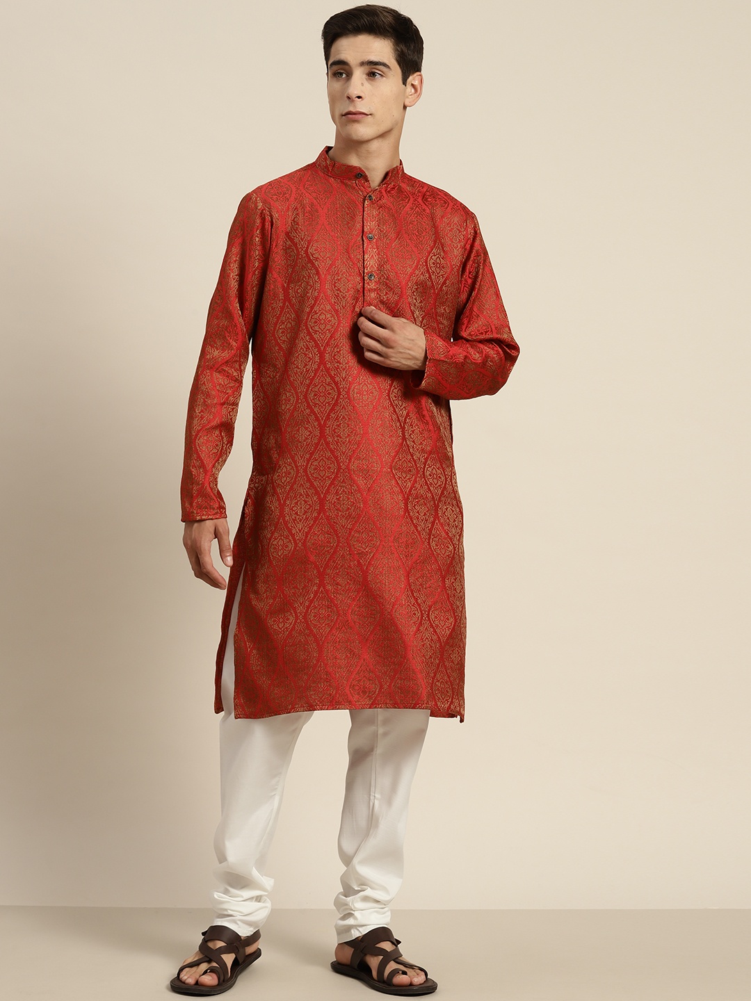 

SOJANYA Ethnic Motifs Jacquard Silk Cotton Kurta With Churidar, Red