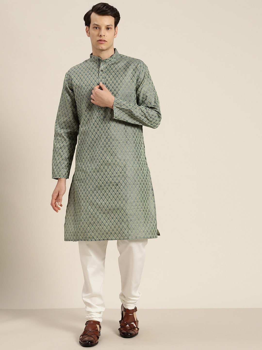 

SOJANYA Woven Design Ethnic Motifs Regular Kurta with Churidar, Green