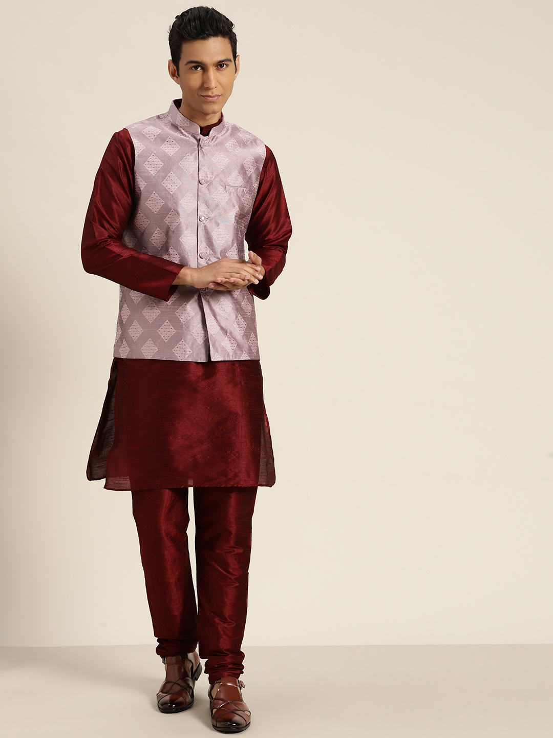 

SOJANYA Regular Kurta With Churidar & With Nehru Jacket, Maroon