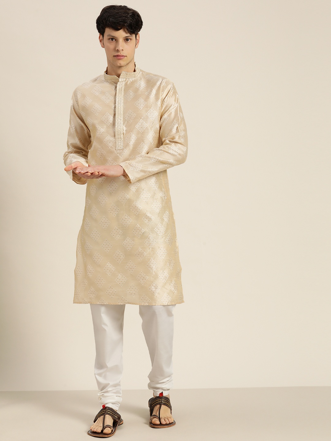 

SOJANYA Woven Design Regular Kurta With Churidar, Cream