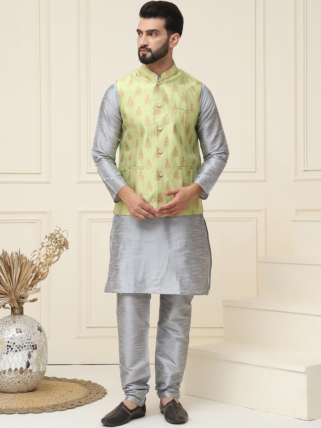 

SOJANYA Silk Cotton Kurta With Churidar & Nehru Jacket, Grey