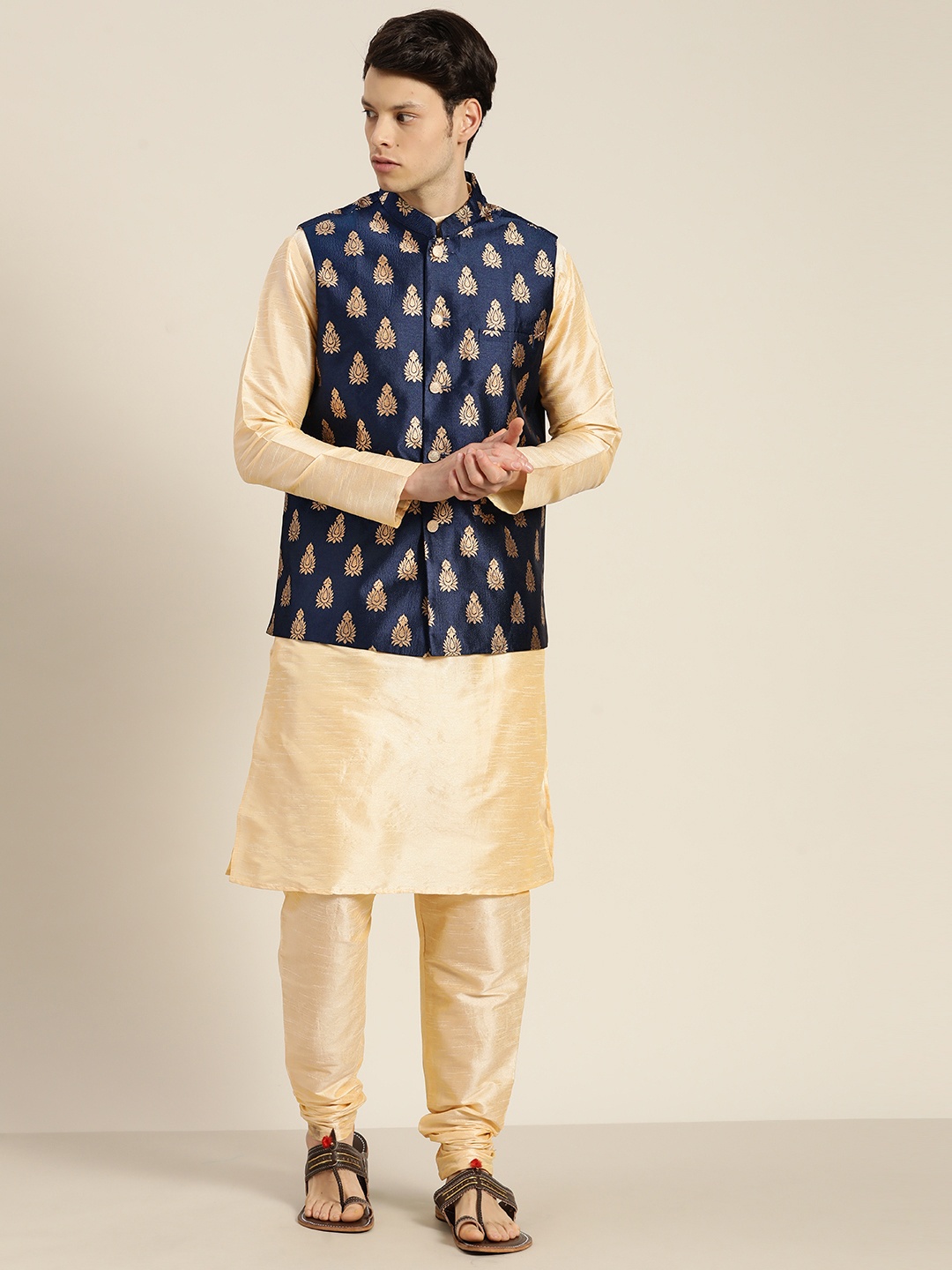 

SOJANYA Silk Cotton Kurta With Churidar & Nehru Jacket, Beige