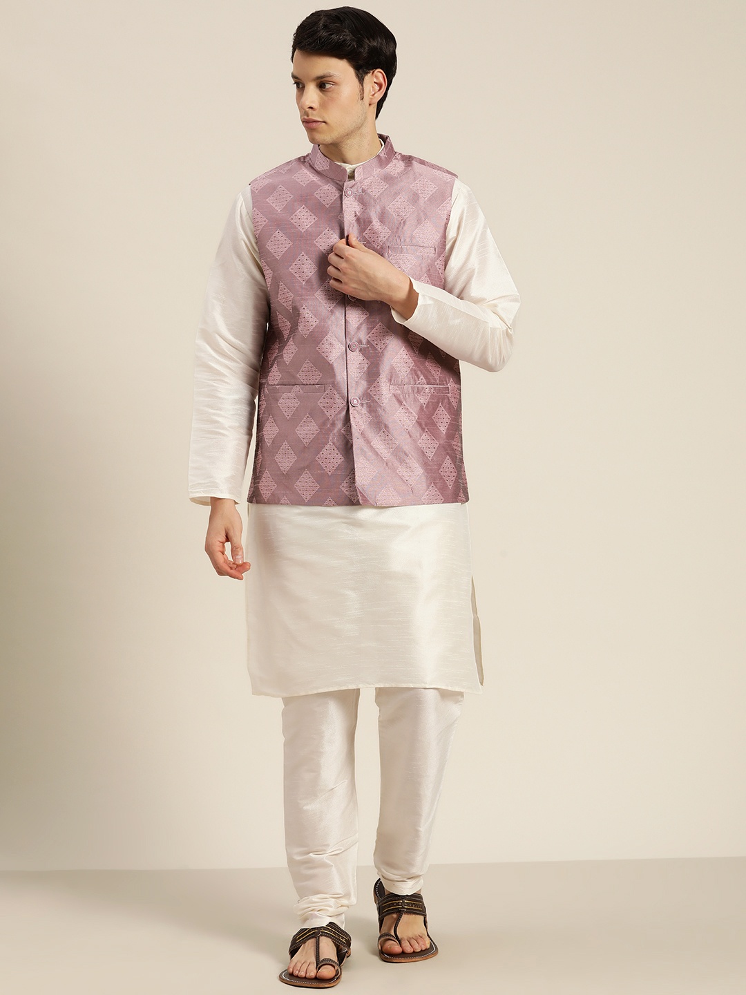 

SOJANYA Mandarin Collar Regular Kurta With Churidar & With Nehru Jacket, Off white