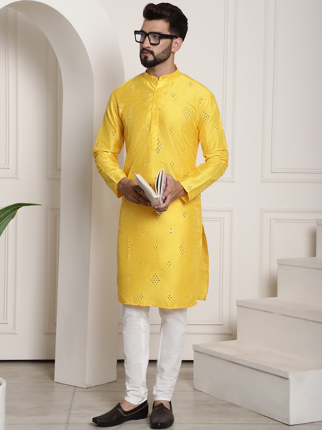 

SOJANYA Ethnic Motifs Embroidered Regular Mirror Work Kurta with Churidar, Yellow
