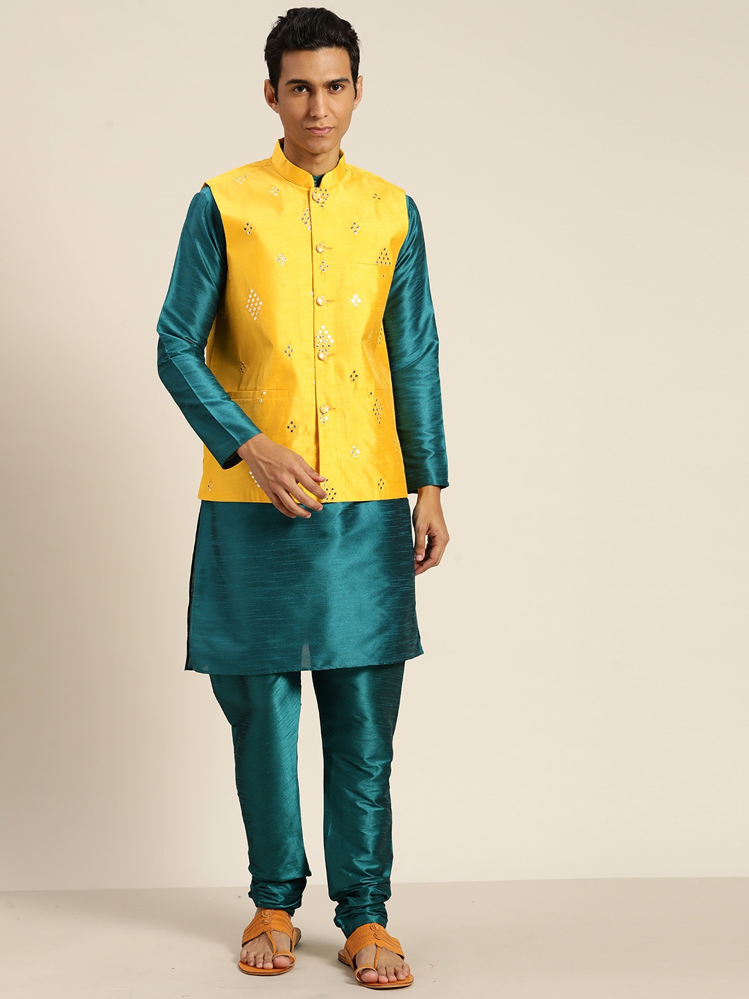 

SOJANYA Mandarin Collar Regular Kurta With Churidar & With Nehru Jacket, Teal