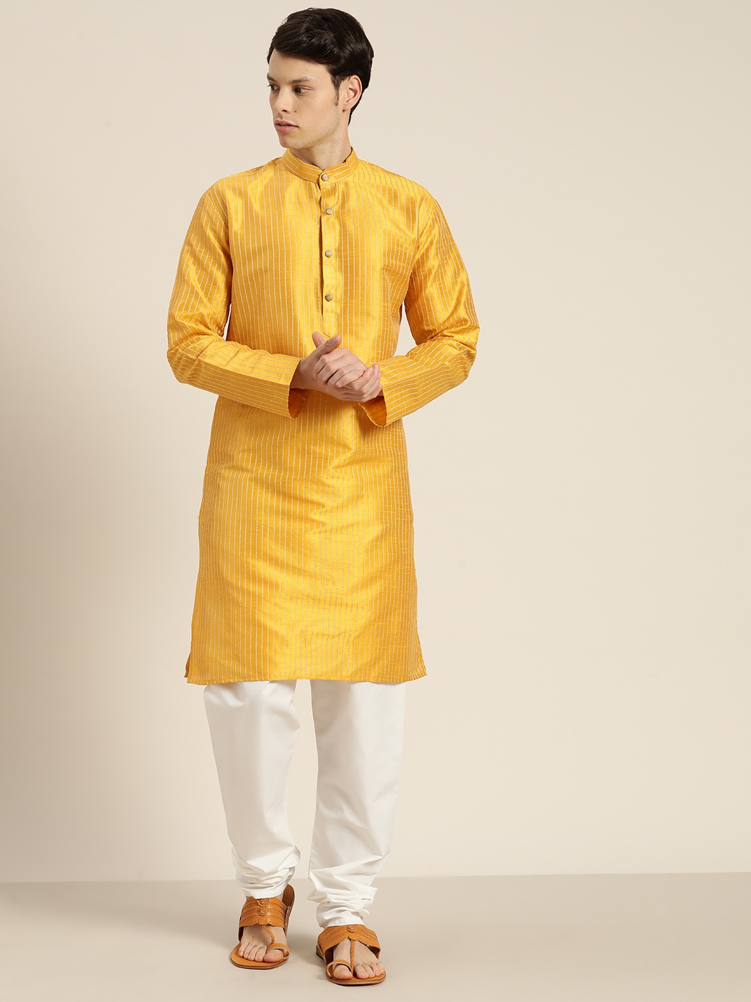 

SOJANYA Mandarin Collar Woven Design Regular Kurta With Churidar, Mustard