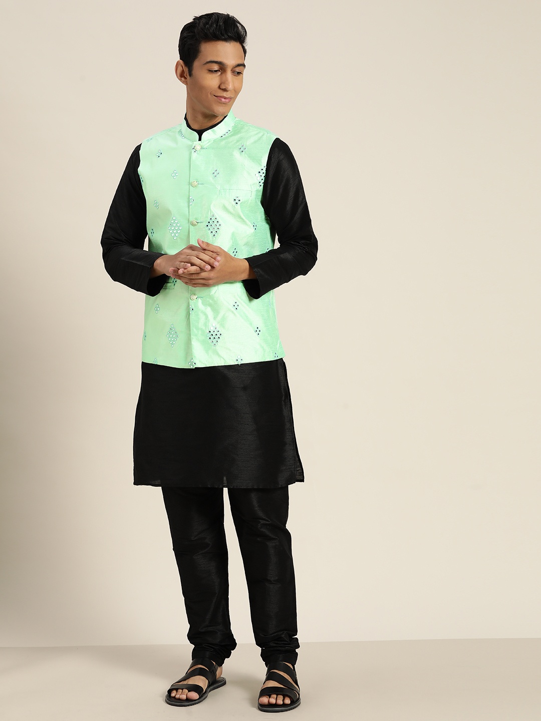 

SOJANYA Regular Kurta With Churidar & With Nehru Jacket, Black