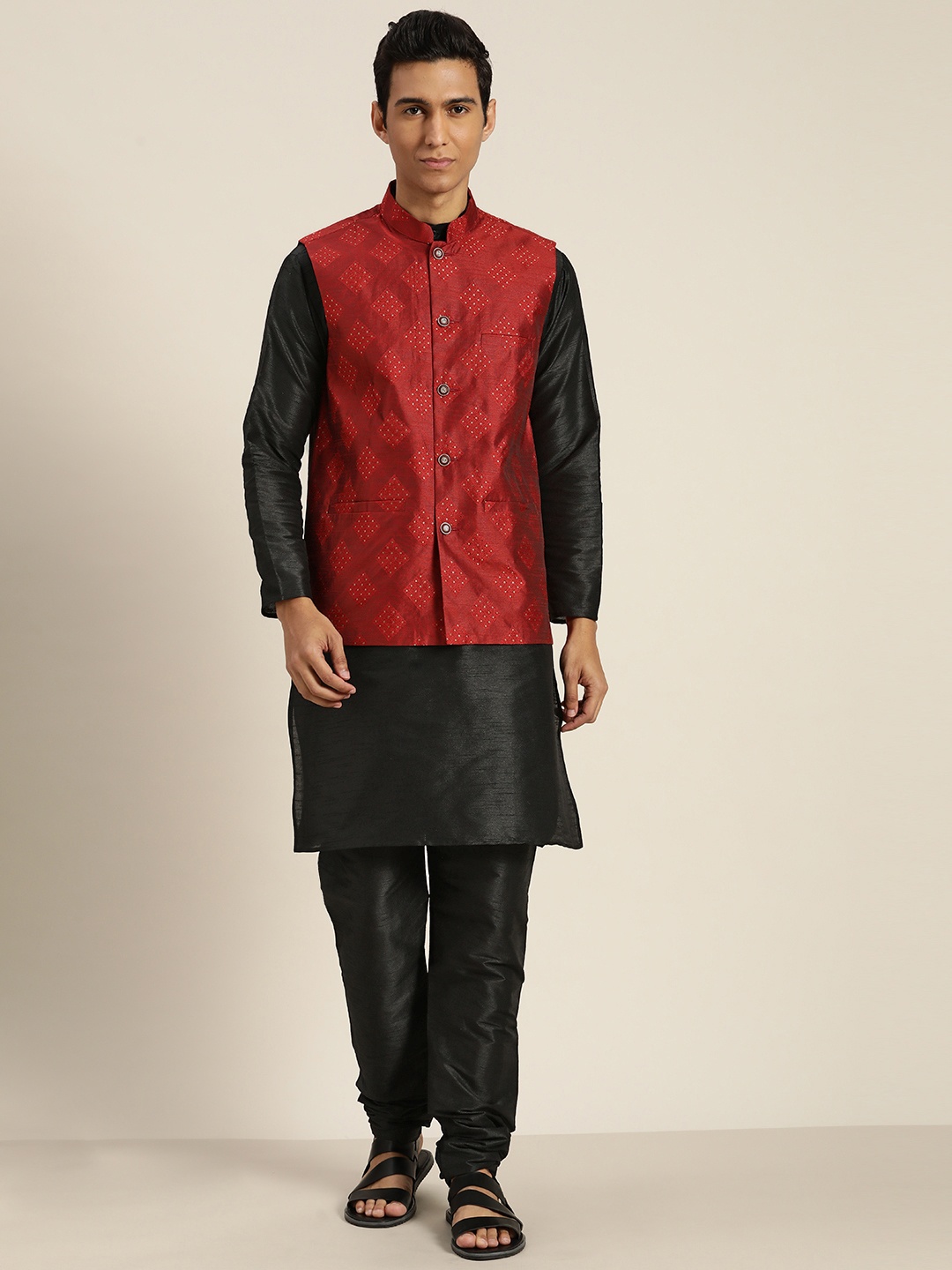 

SOJANYA Mandarin Collar Regular Kurta With Churidar & With Nehru Jacket, Black