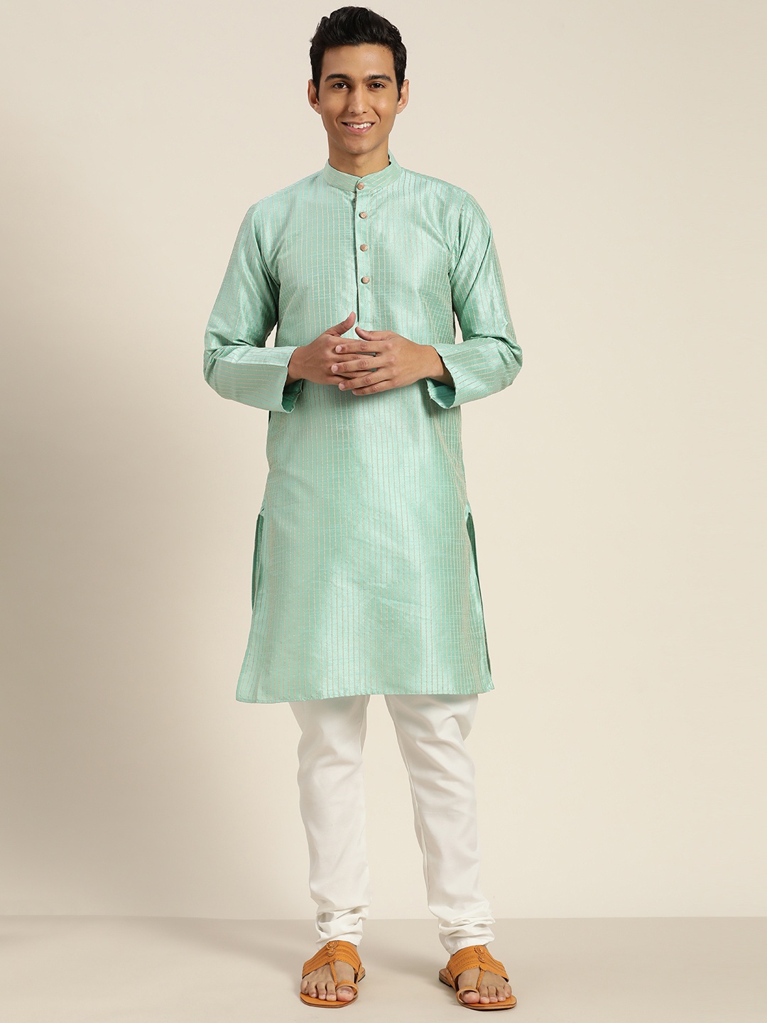 

SOJANYA Mandarin Collar Woven Design Regular Kurta With Churidar, Sea green