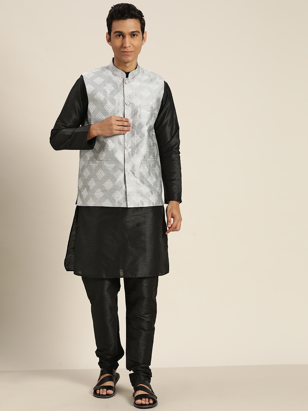 

SOJANYA Regular Kurta With Churidar & With Nehru Jacket, Black