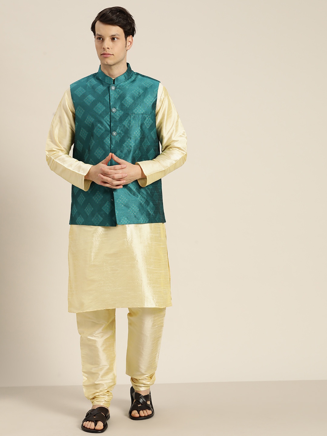 

SOJANYA Regular Kurta With Churidar & With Nehru Jacket, Gold