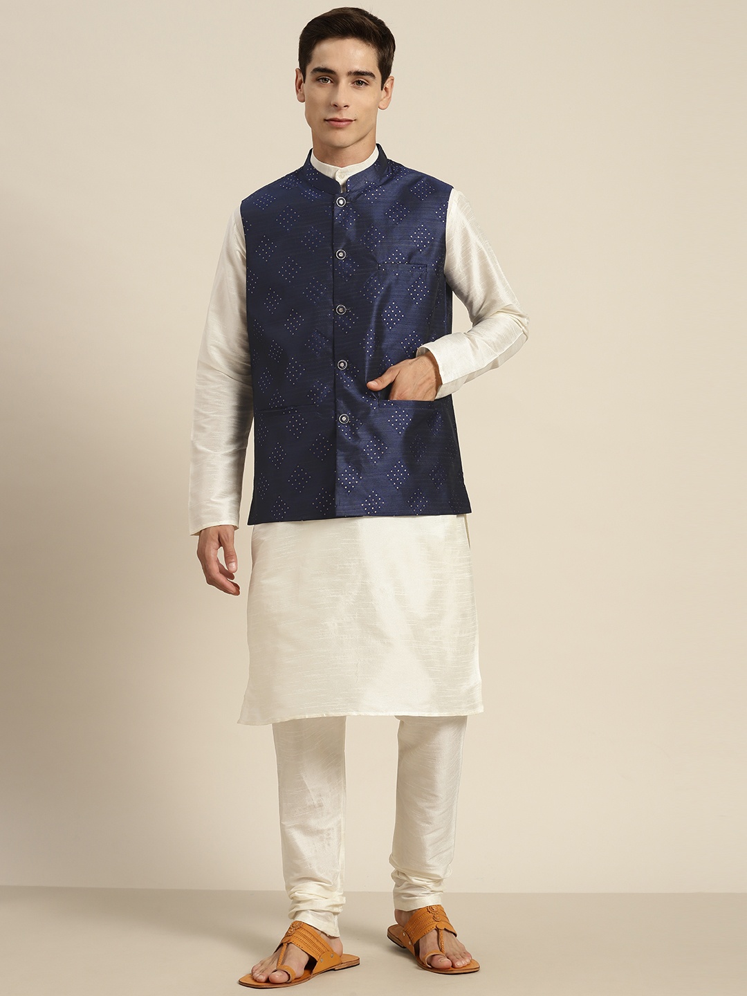 

SOJANYA Mandarin Collar Regular Kurta With Churidar & With Nehru Jacket, Off white