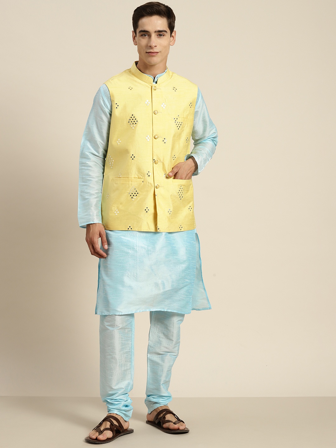 

SOJANYA Mandarin Collar Regular Kurta With Churidar & With Nehru Jacket, Blue