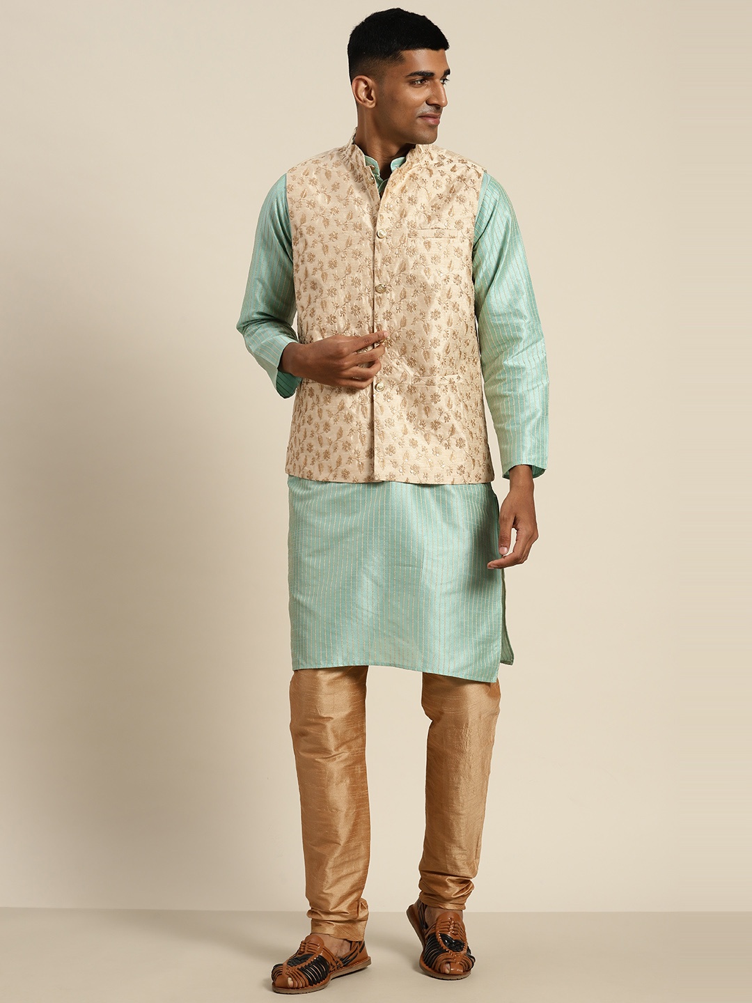 

SOJANYA Striped Regular Kurta with Churidar, Sea green